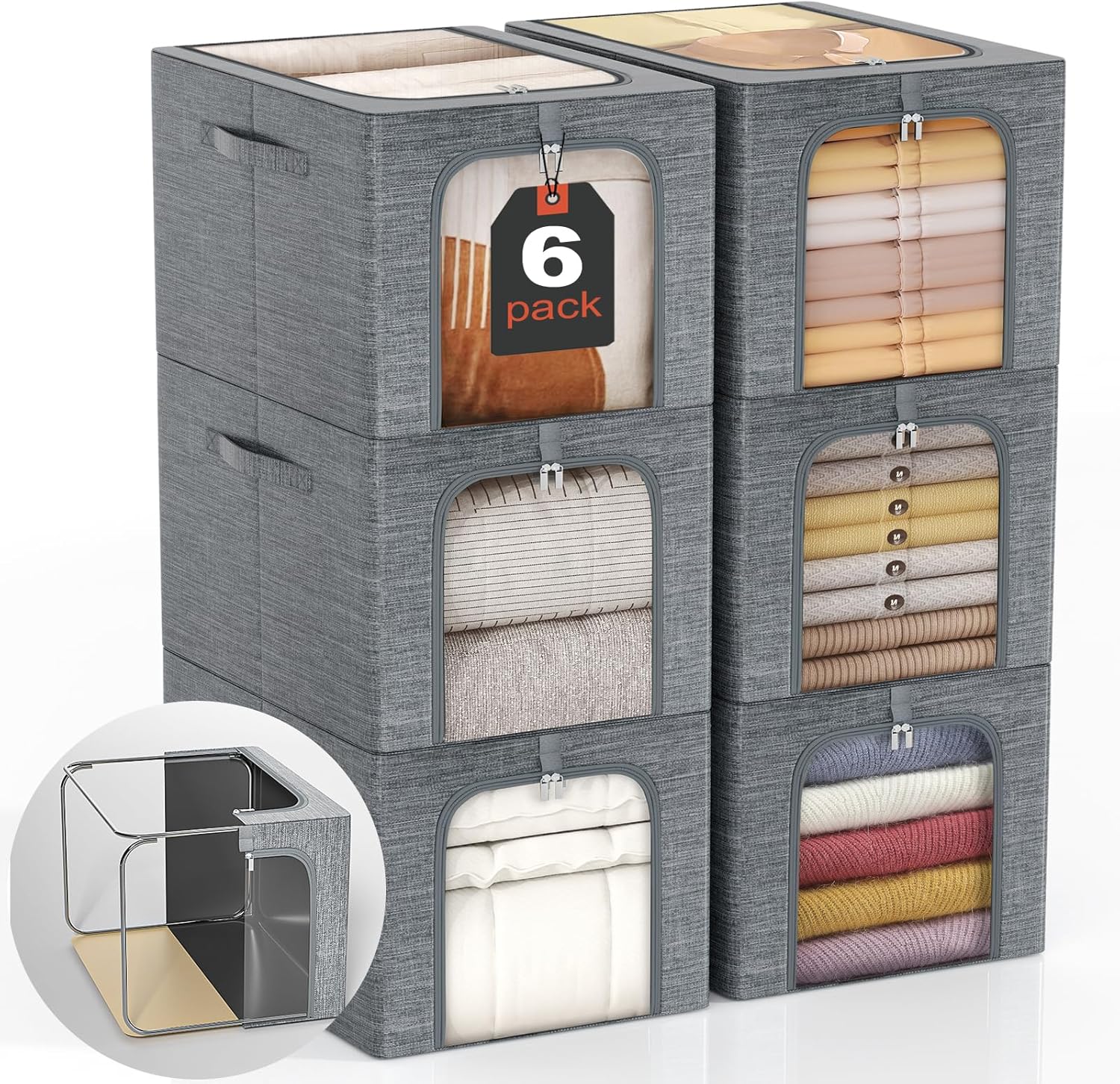6Pack stackable clothes storage bin with lids for closet organization