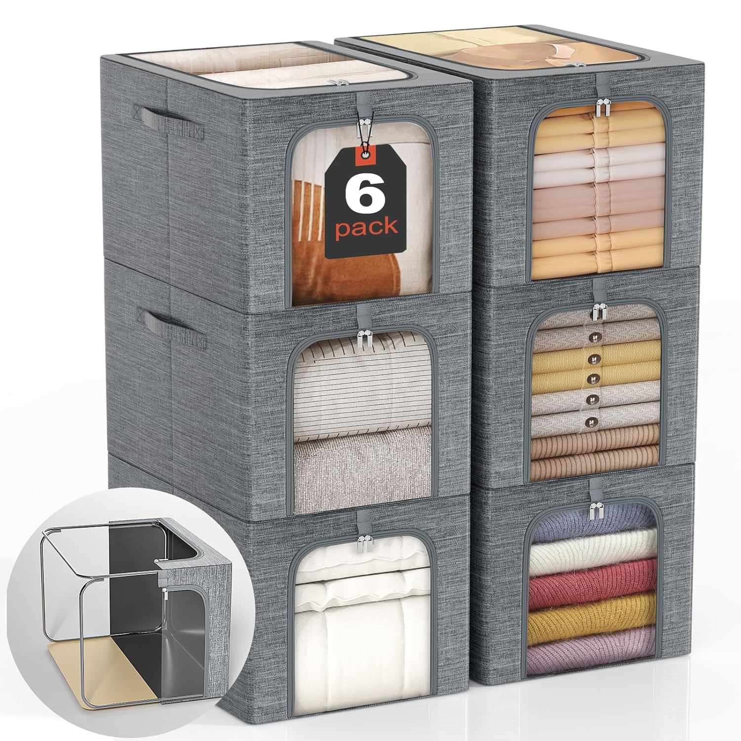 GoMaihe Clothes Storage Bin with Metal Frame 6-Pack Stackable Closet Storage Bin with Lid Clear Window Sweater Boxes