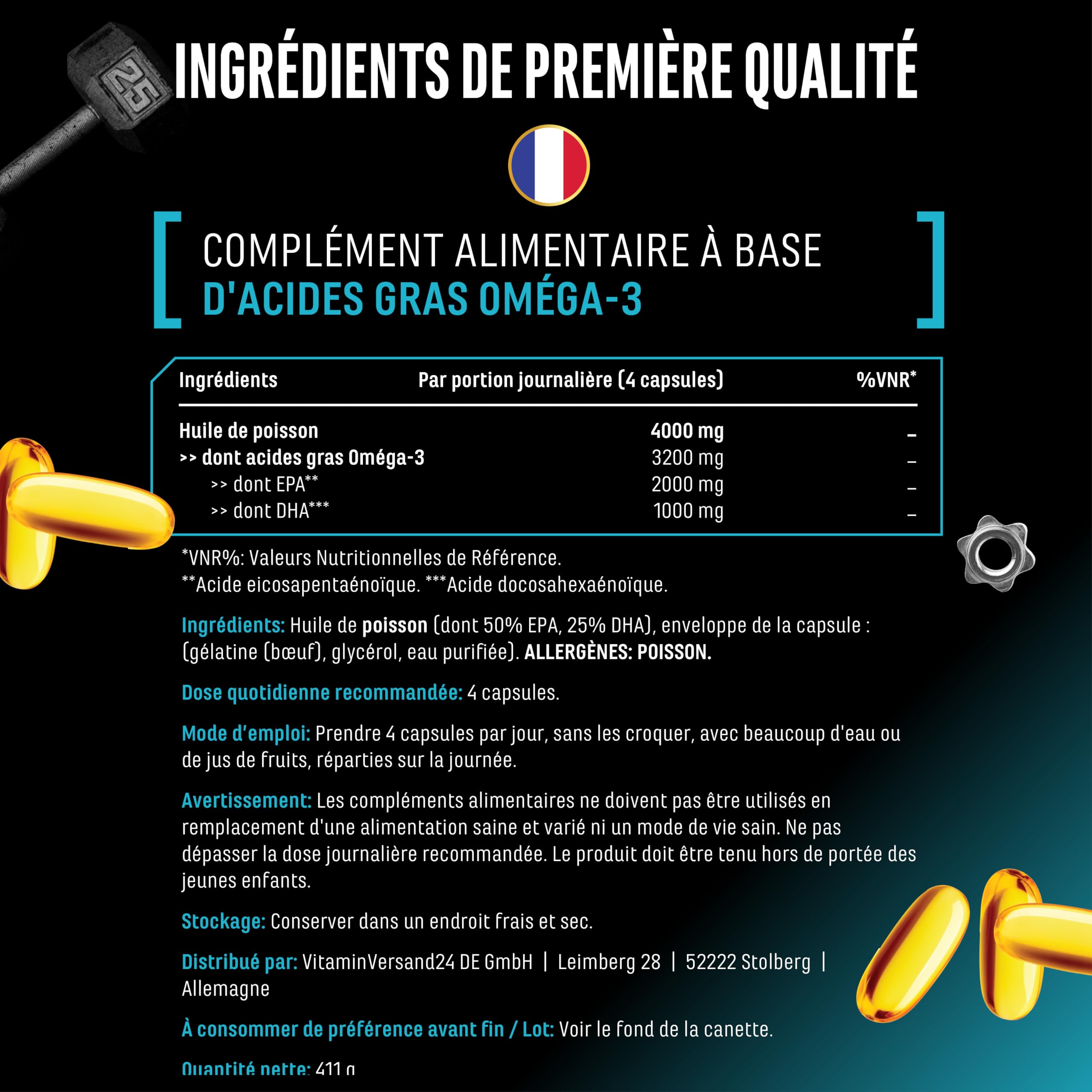Omega 3 hautement dosé avec 4000mg - 300 gélules - Huile de poisson avec 80% d'acides gras dont 2000mg EPA & 1000mg DHA - Forme naturelle de triglycérides - Purifié avec soin