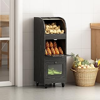 Potato and Onion Storage Bin,Potato Storage Bin Movable Bread Box with Wheels,Root Fruit and Vegetable Storage,Farmhouse Bread Storage Container,Pantry Cabinet for Kitchen (Black)