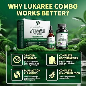 Lukaree Chlorophyll Liquid Drops & Capsules Combo, Dual Action Support for Cleansing, Energy & Oral Freshness, Immune Support, Internal Deodorant, Skin & Gut Health, Vegan, Sugar-Free, 2Oz + 120 Caps