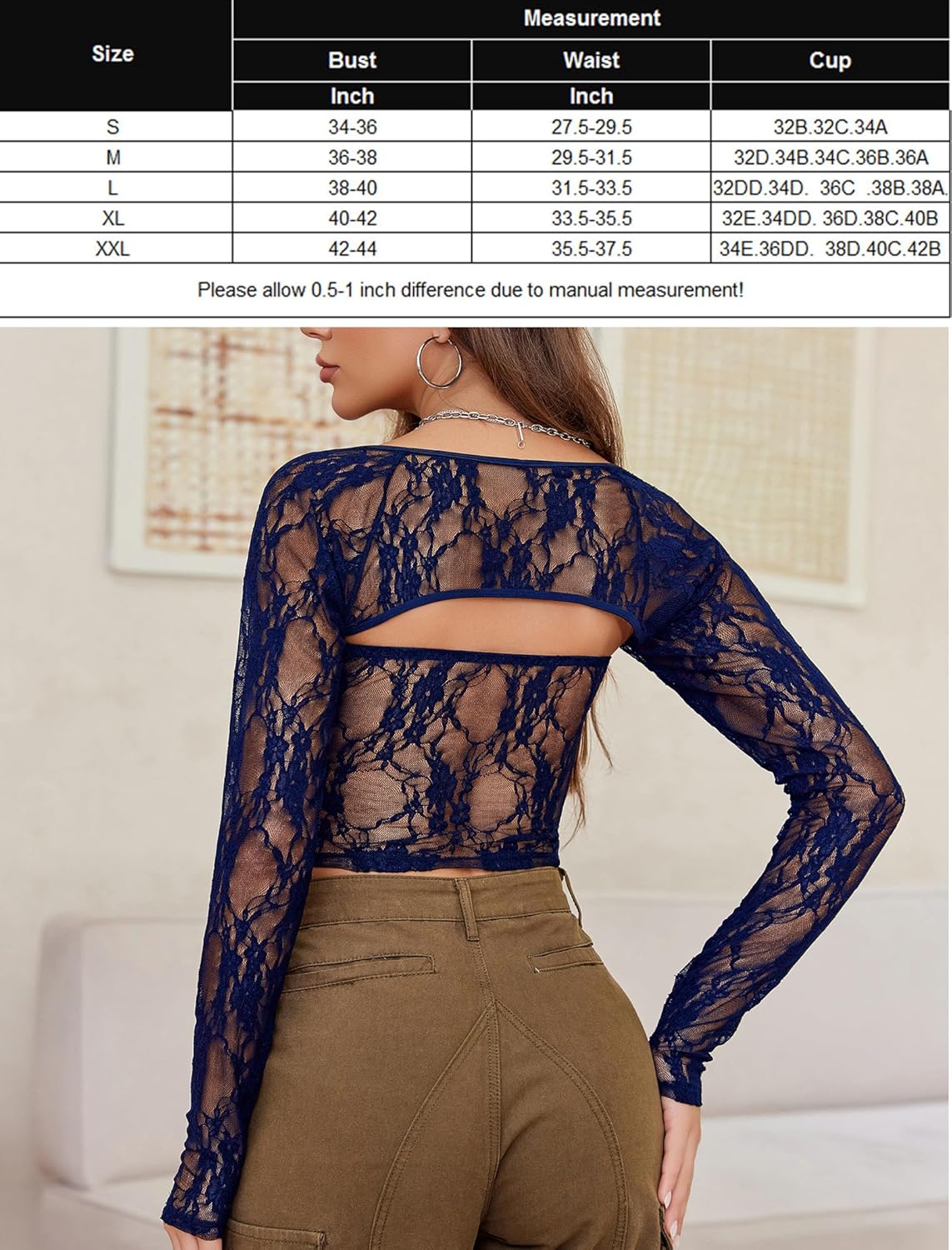 Avidlove Women's Mesh Top Long Sleeve Sheer Blouse See Through Floral Lace Tops - Image 7