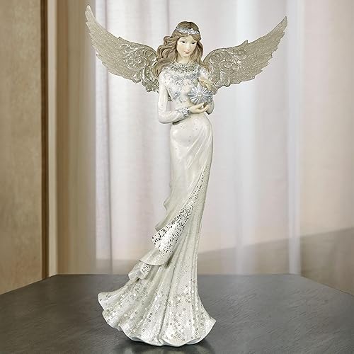 Miniatura 2 de Touch of Class Charmeine - Escultura de mesa de ángel marfil, resina, blanco, plateado, figura angelical etérea para dormitorio, sala de estar,