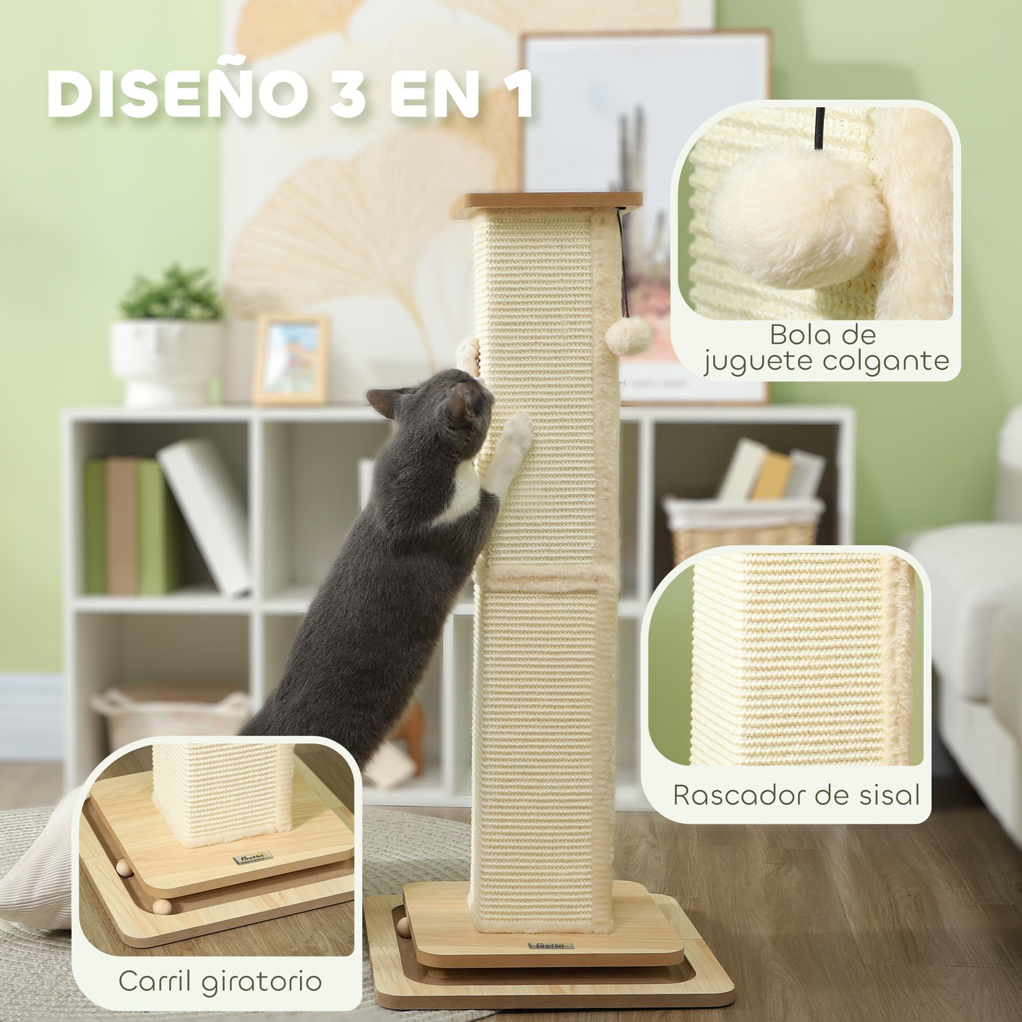 PawHut Poste Rascador para Gatos 87 cm con Bola Colgante y Sisal Roble | Rascador para Gatos, Arañador, Juguete de Pelota de Pista