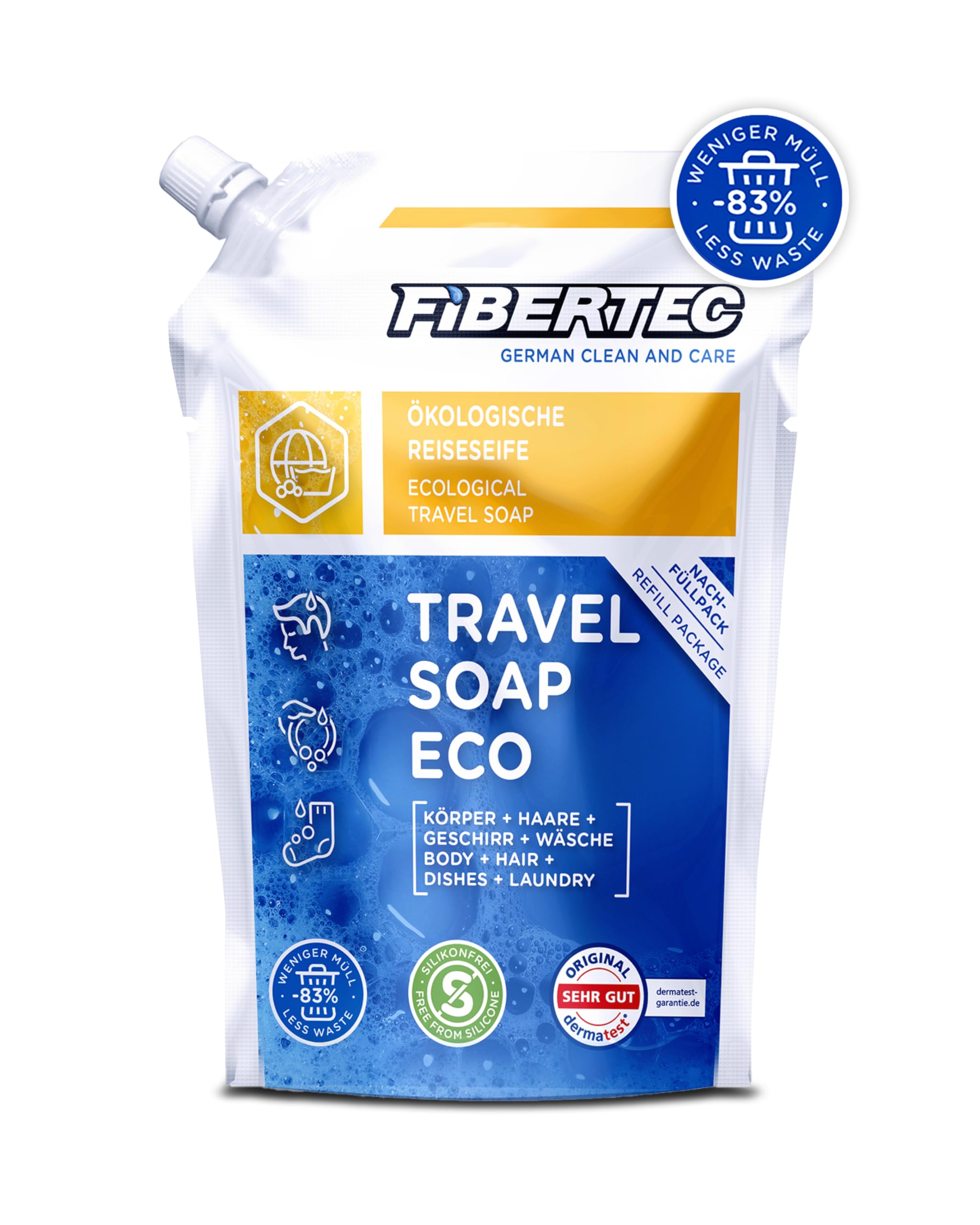 FIBERTEC Travel Soap Eco 500ml - 3-in-1 Reise-Seife flüssig, Körperpflege, Waschmittel & Geschirrspülmittel in einer Universal-Lösung, Made in Germany