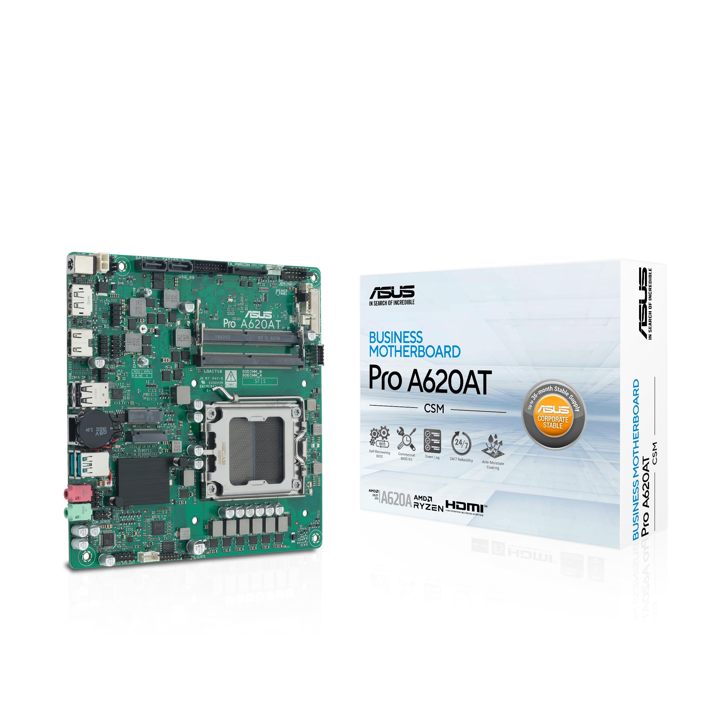 ASUS PRO A620AT-CSM Business Mainboard Sockel AMD AM5 (Thin Mini-ITX, PCIe 4.0 M.2, DDR5 SO-DIMM, Q-LED Core, COM Debug Header, Control Center Express)