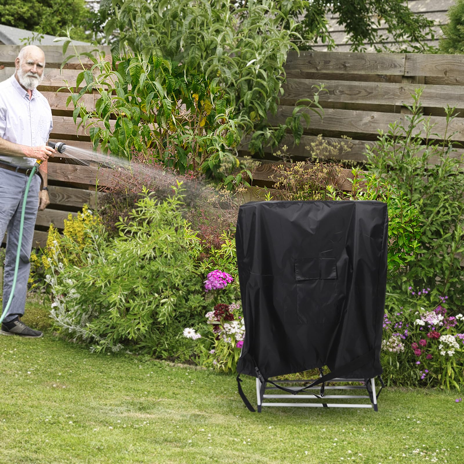 Funda para carrete de manguera, protector de manguera de jardín con bolsillo, 80 cm de largo x 25 cm de ancho x 89 cm de alto, almacenamiento seguro para patio, fiestas o uso estacional.