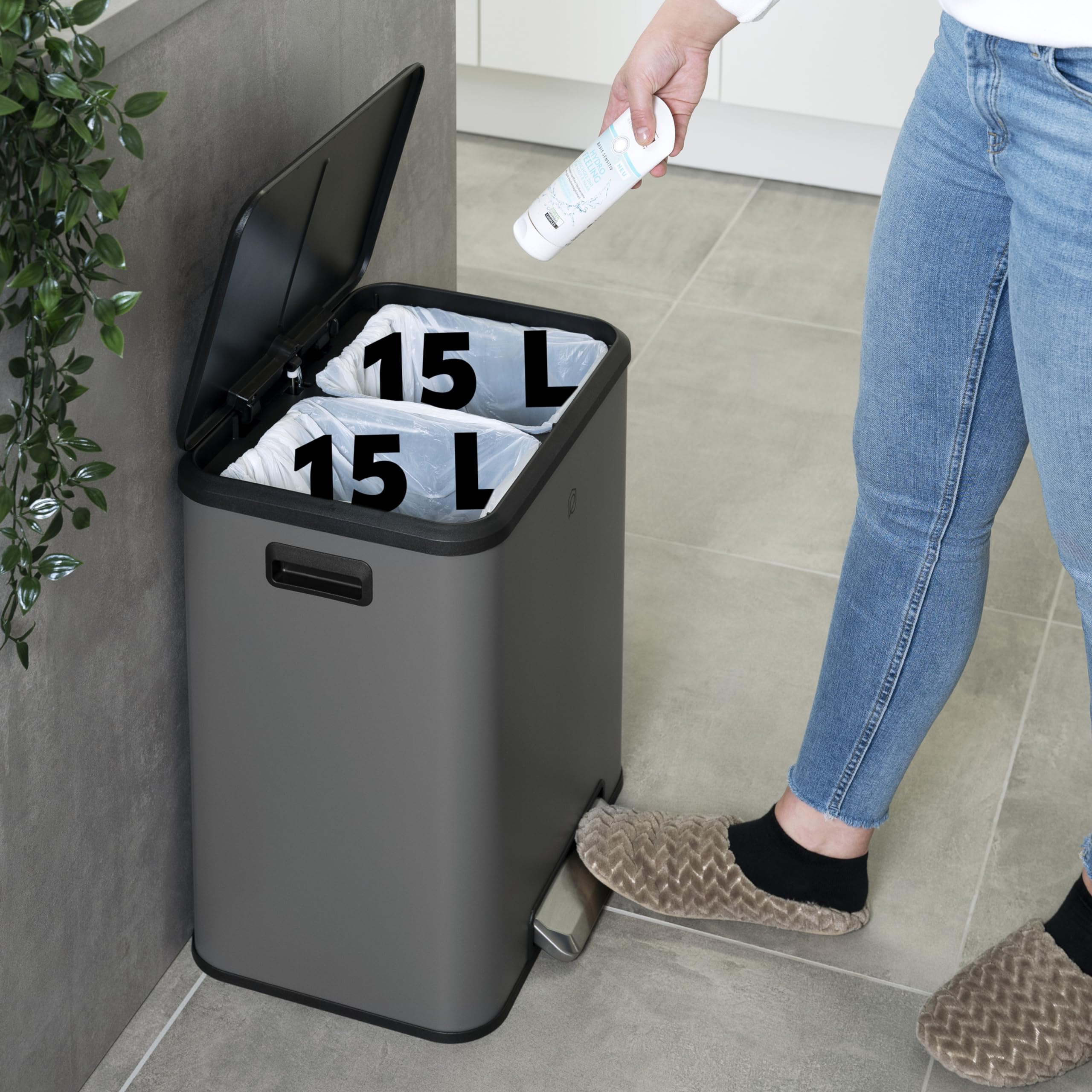 eluno Pattumiera a pedale ? 2 scomparti da 15 litri ciascuno, secchio interno estraibile in plastica, manici laterali, pedale grande, sistema di raccolta differenziata (Grigio)