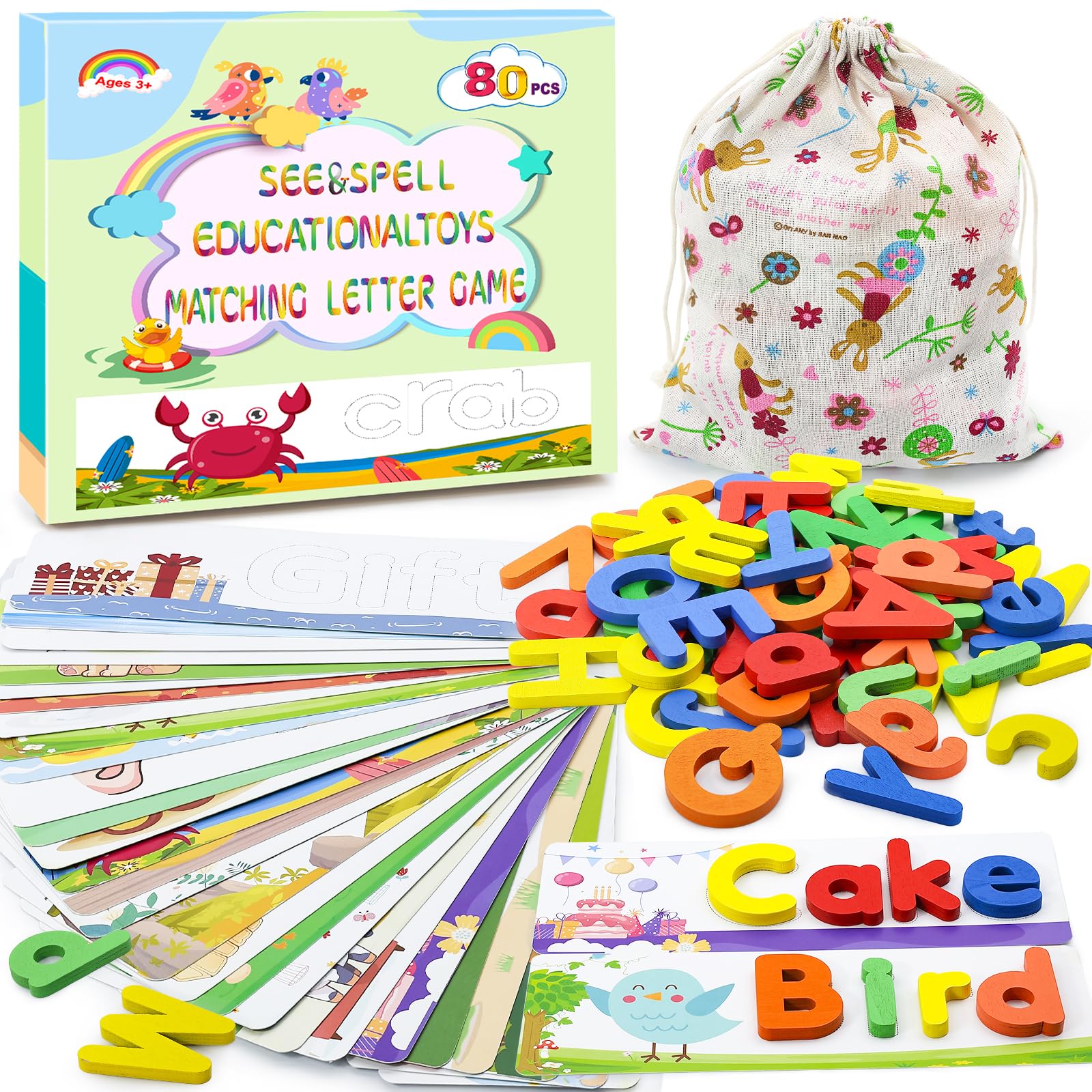 80 Pcs Spelling Matching Letter Game Uppercase Educational Flash Cards for Kids 3 4 5 6 Years Learn Alphabet, Numbers, Shapes, Colors Perfect for Preschool Learning Durable Reusable with Storage Bag