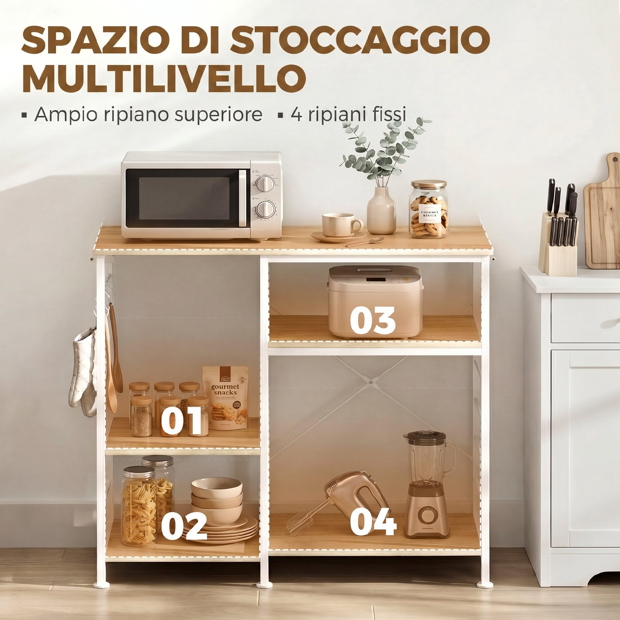 HOMCOM Scaffale Cucina con Ripiani, Scaffale Portaoggetti Salvaspazio in Legno e Metallo con 5 Ganci a S e Piedini Regolabili, per Spezie, Pentole e Padelle, 90x39x83.5 cm, Rovere