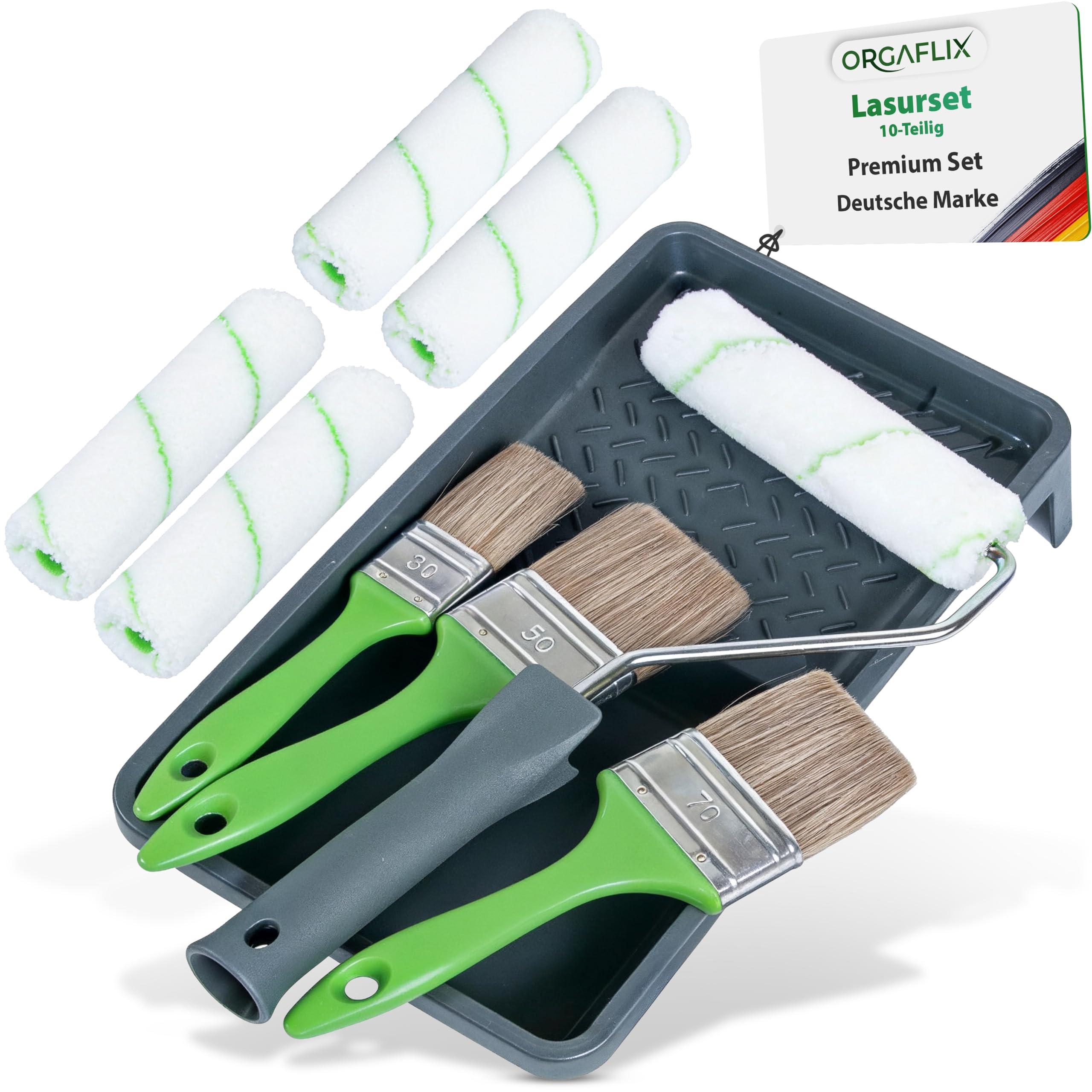 ORGAFLIX Professional Glaze Paint Roller Set 10 Pieces for Wood Protection, Glazes, Oil, Stain and DIY Projects, Paint Tray 15 x 30 cm, 3 x Varnish Brushes 70 cm, 50 cm, 30 cm, 5 x Paint Rollers 10 cm