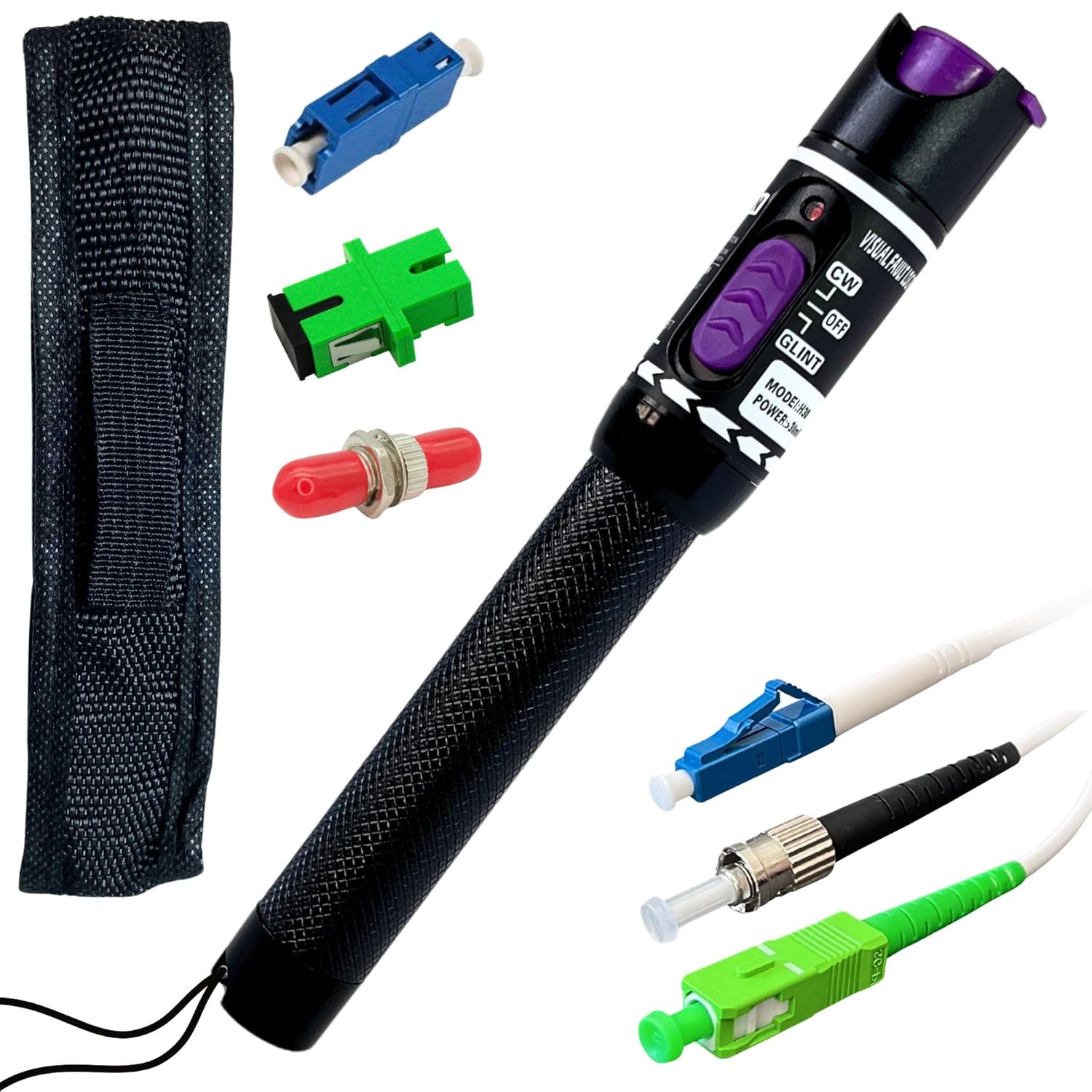 FiberShack - 30km VFL Fiber Optic Tester - Fiber Visual Fault Locator with Tough Aluminum Body - Optical Tester Kit Includes 3X Couplers & 3X 1ft Armored Jumper Cables
