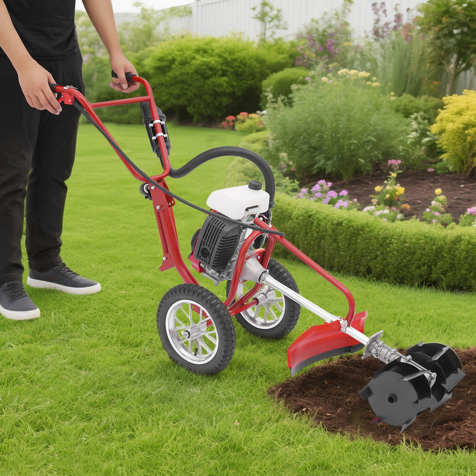 Motoazada de gasolina, minicultivador de gasolina de 63 cm³ con motor de gasolina de 4 tiempos, microcultivador compacto y ligero, con profundidad de cultivo de 10 cm para parques, jardines