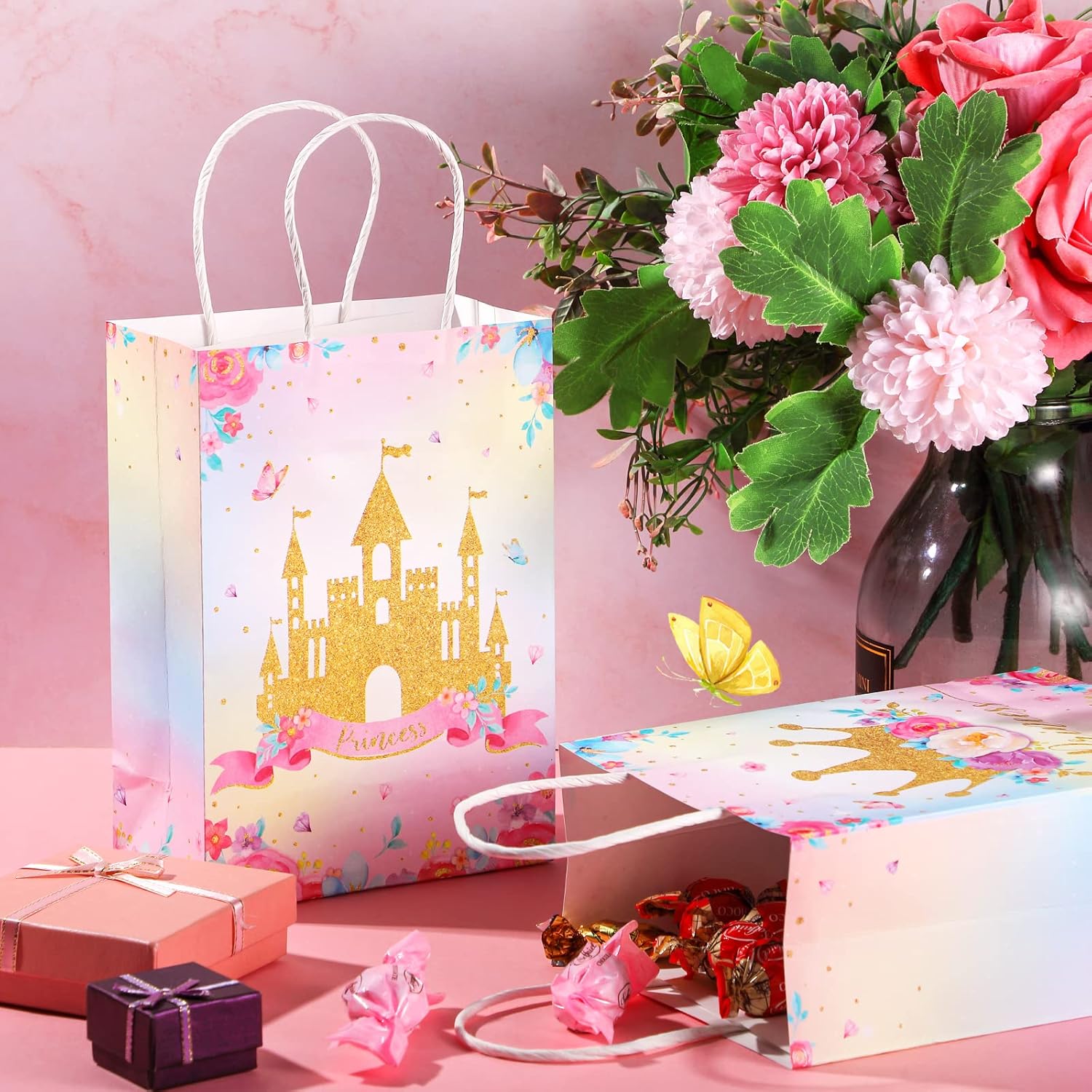 Nezyo 16 Pcs Princess Prince Party Favor Bags with Handles & Tissue Paper Prince Princess Candy Treat Goodie Gift Bags for Birthday Baby Shower Party Favors(Pink Crown and Castle) - Image 3