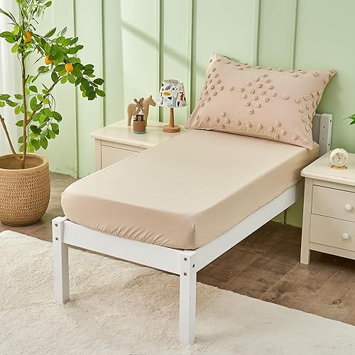 Miniatura 4 de Juego de ropa de cama bohemio de 4 piezas para niñas y niños, color beige, con pompones, juego de sábanas para cuna, juego de edredón de jacquard