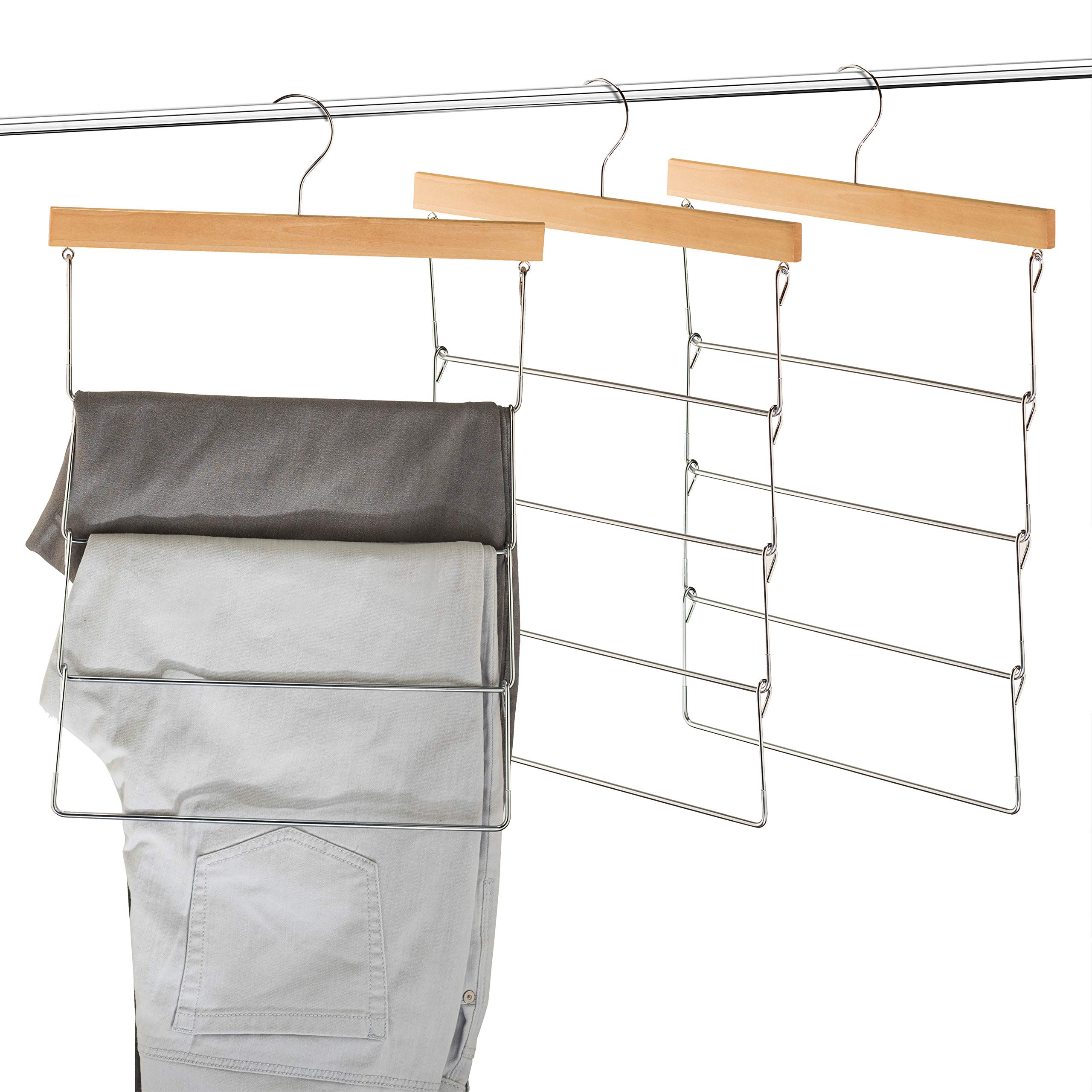 ZOBER 4 Tier Pants Hanger with Wooden Top (Natural/Chrome)