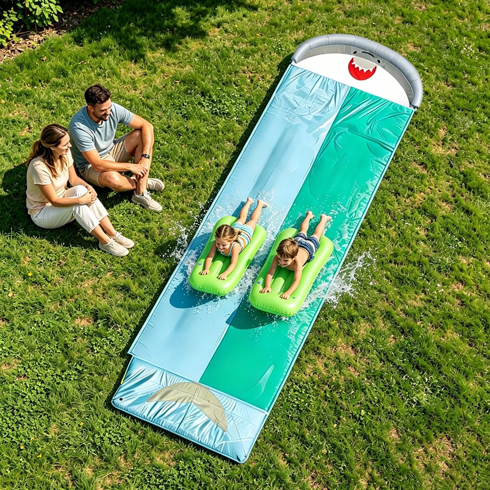 Scivolo Acquatico Giardino, 550 x 145 cm/610 x 140 cm Scivolo d'Acqua con 2 Tavole gonfiabili, Scivolo da Giardino Estivo con irrigatore Integrato, Gioco d'Acqua per Bambini all'aperto (B)