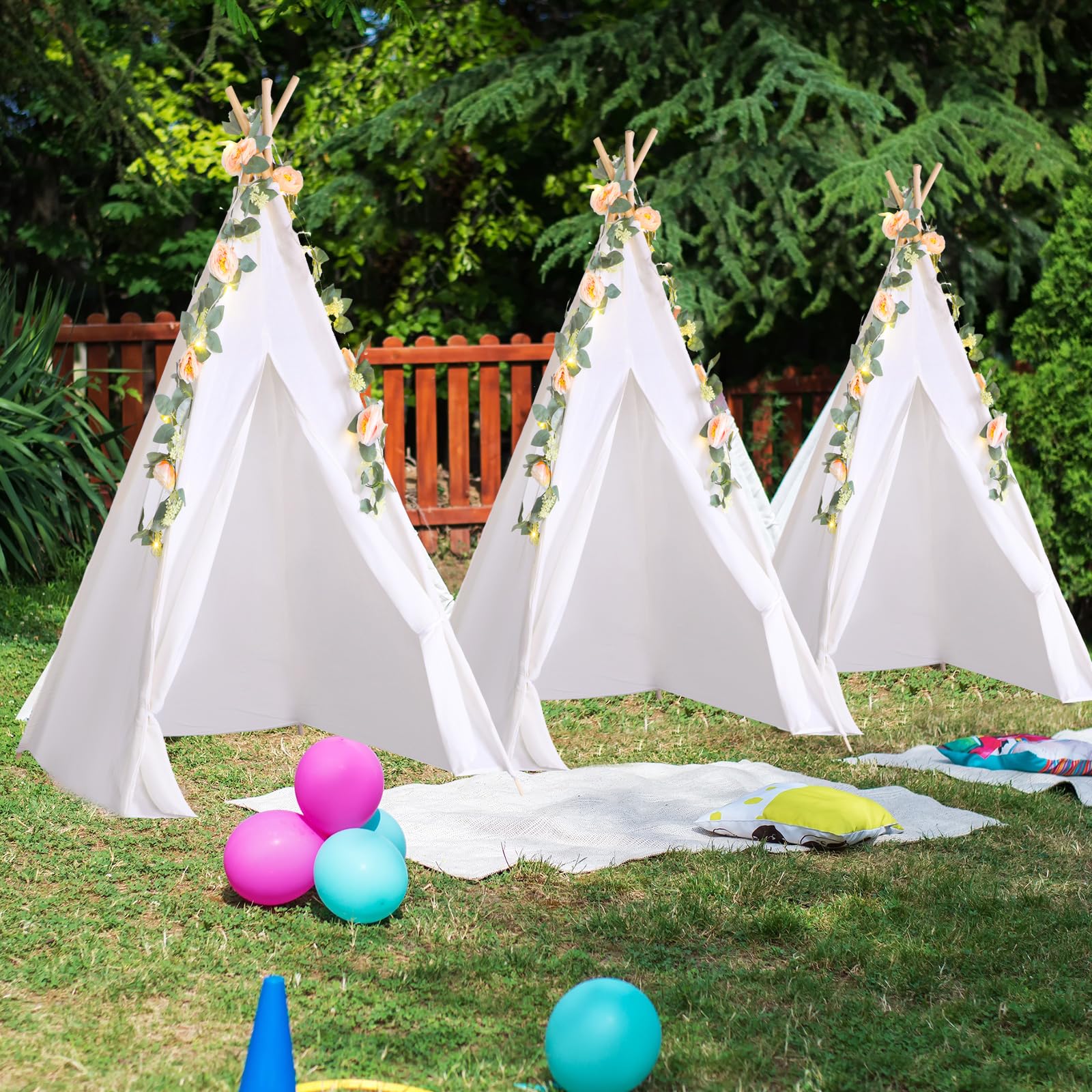 Kigley 6 Sets Teepee Tent Indoor Cotton Linen Teepee Play Tent with 6.6 ft Pink Fake Rose Vine Artificial Garland 10 ft Battery Operated String Lights for Room Decor(White) : Toys