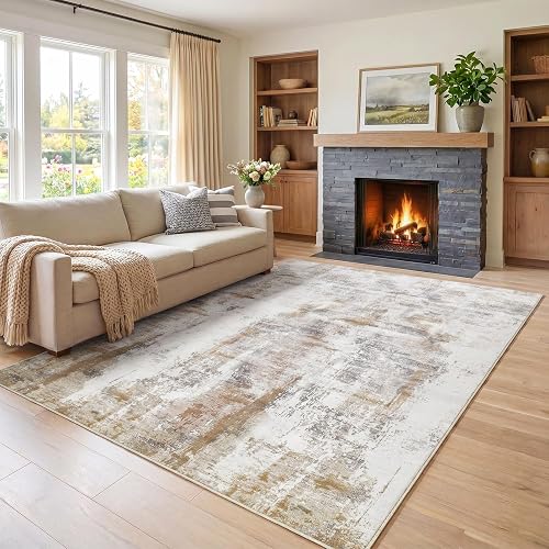 famibay 5x8 Area Rug, Abstract Washable Rugs for Living Room Low Pile Neutral Area Rug for Bedroom Aesthetic Non Slip Rubber Backed Carpet Rugs for Living Room Bedroom Dining Room(Beige/Camel)