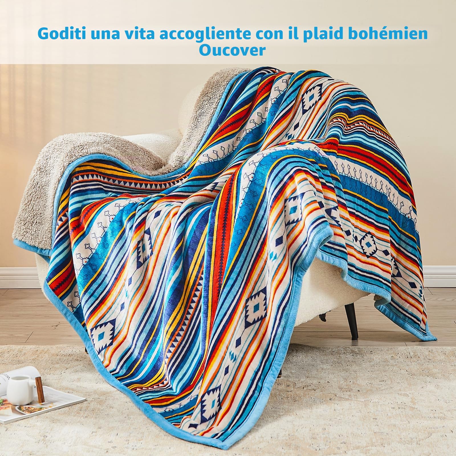Qucover Coperta Plaid 150x200cm Morbida e Soffice Coperta per Divano Coperta per Casa Double Face Coperta con Sensazione Cashmere Coperta in Pile a Righe Colorate