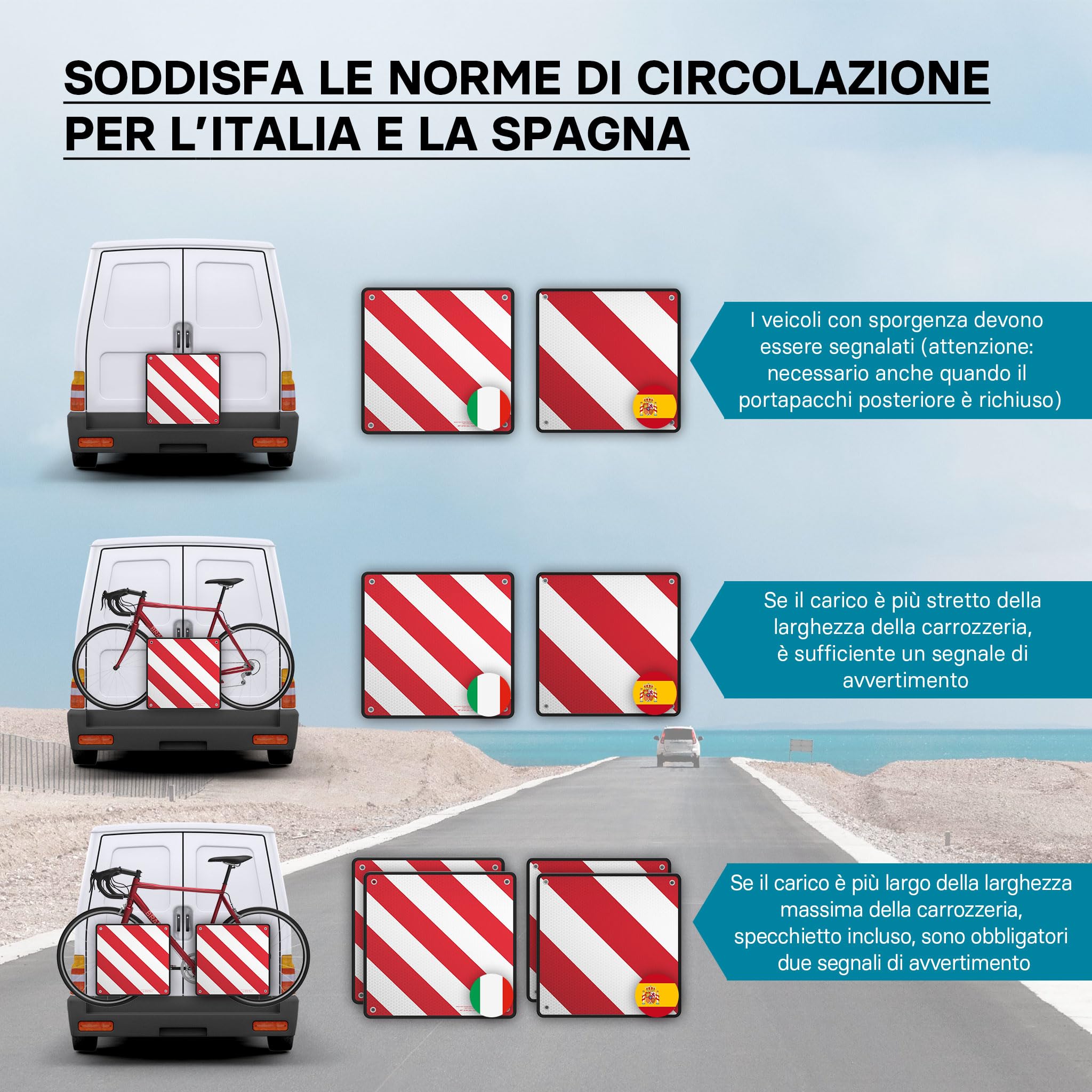 Wiltec Pannello per carichi sporgenti Italia e Spagna, alluminio 50x50cm, per portapacchi posteriore