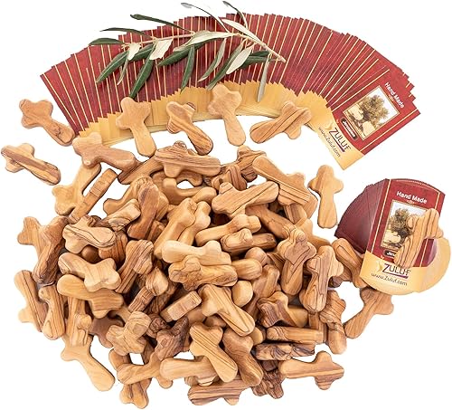 Zuluf 100 cruces pequeñas de madera de olivo de Belén Israel | Cruces de bolsillo | Viene con 100 certificados de Tierra Santa de 2.4 in / 2.5