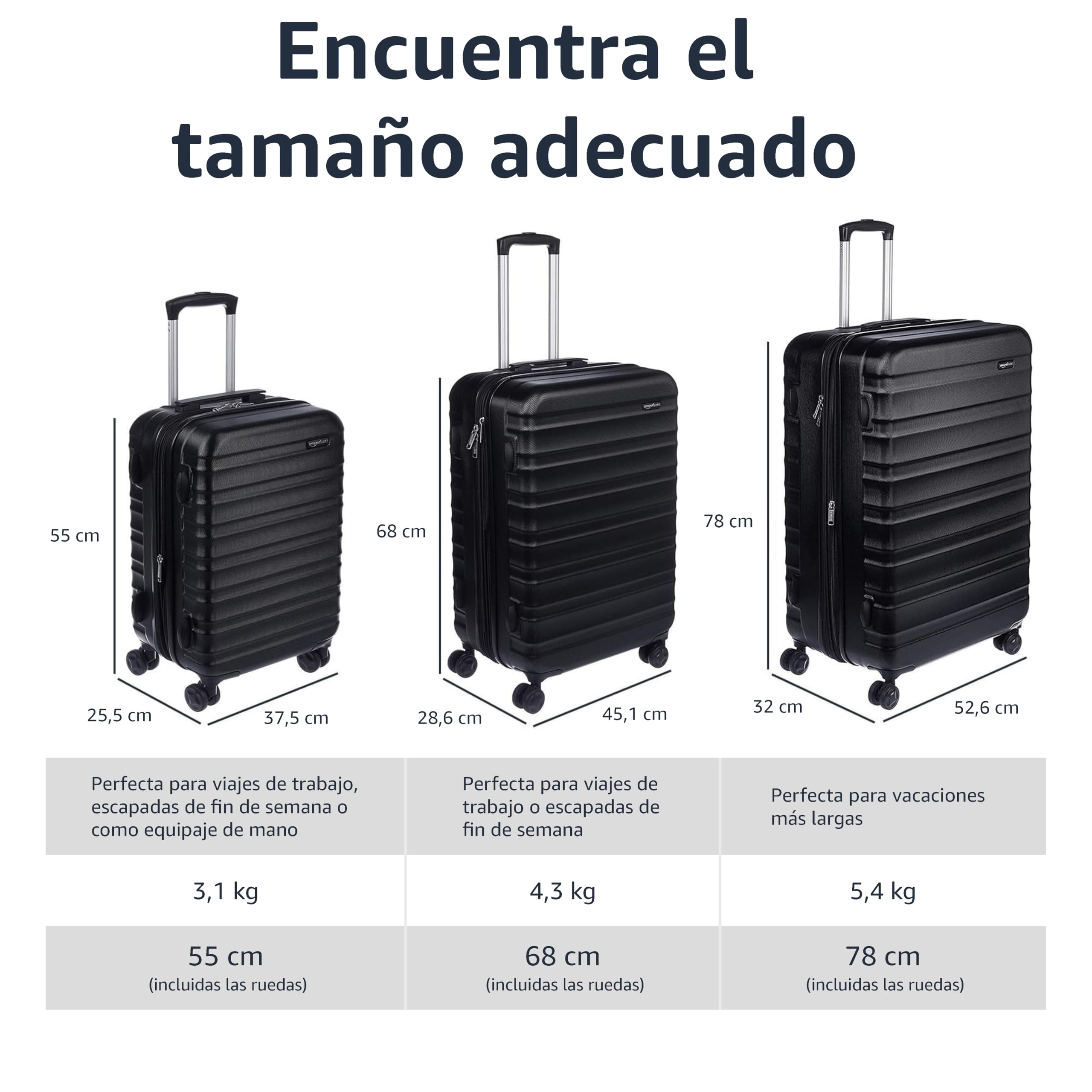 Amazon Basics Maleta Rígida Pequeña - Equipaje de Mano Extensible ABS con 4 Ruedas Dobles Giratorias - Resistente a Arañazos y Ligera - 55 x 37,5 x 25,5cm - Negro