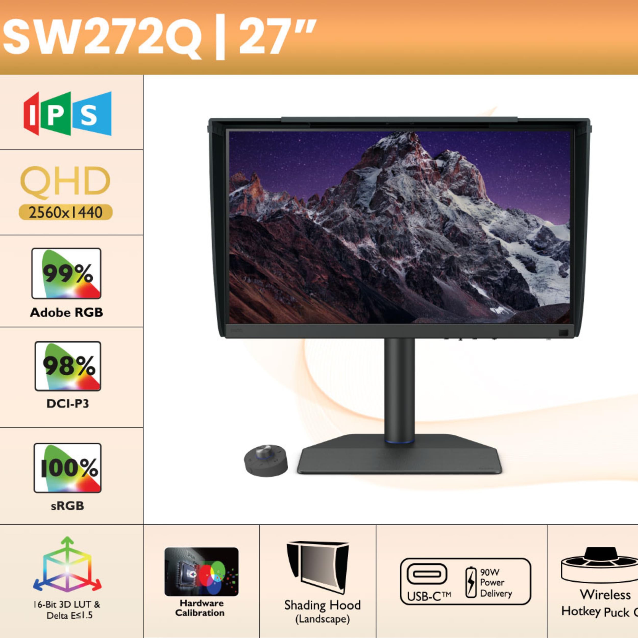 BenQ SW272Q Monitor Photographer (AQcolor Technology, 27 pollici, 2K, AdobeRGB/DCI-P3/Display P3, USB-C, HDR)