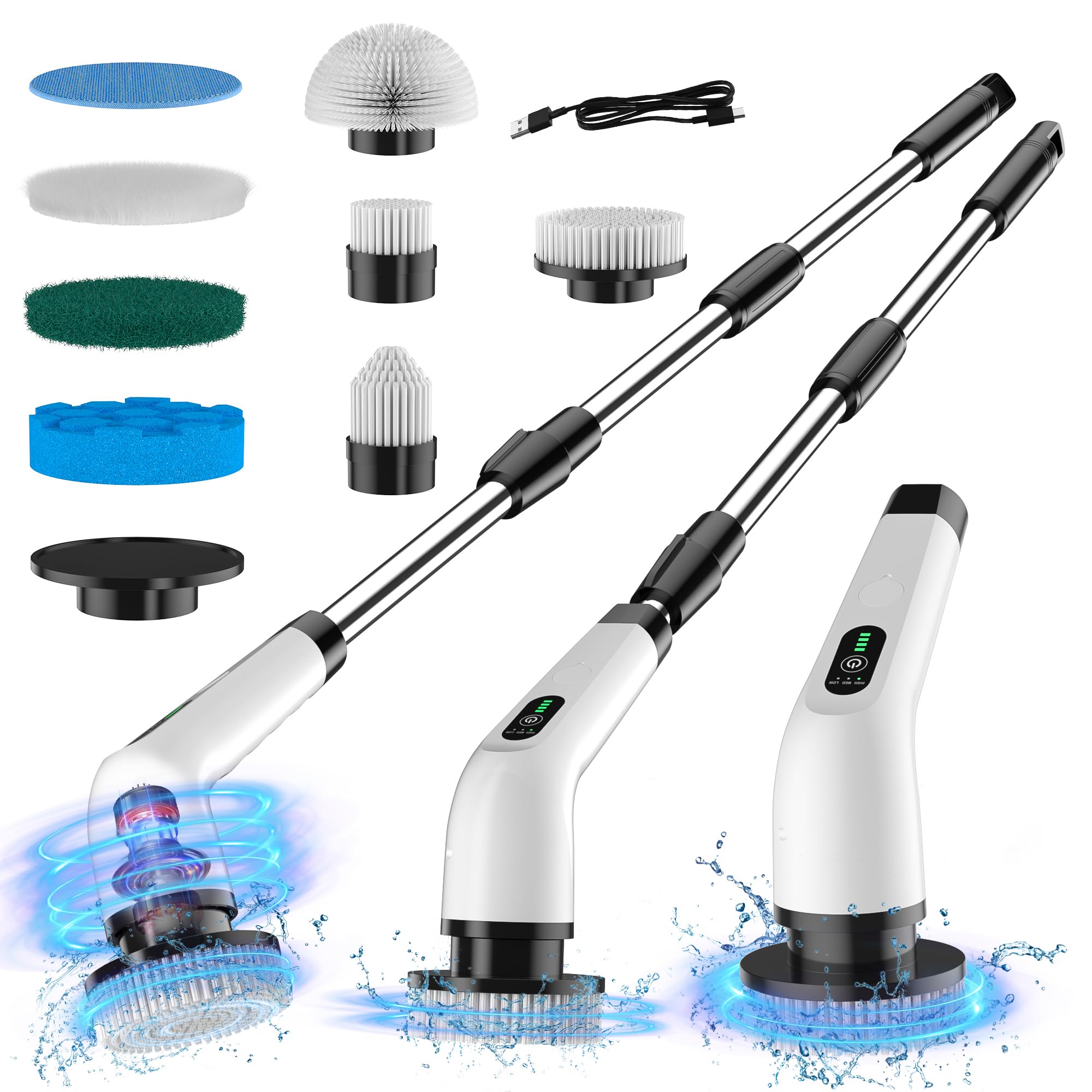 Electric Spin Scrubber with 8 Replaceable Brush Heads, 3 Adjustable Speeds Power Scrubber 3000mAh Rechargeable Battery Electric Handheld Brush for Bathtub Tile Floor