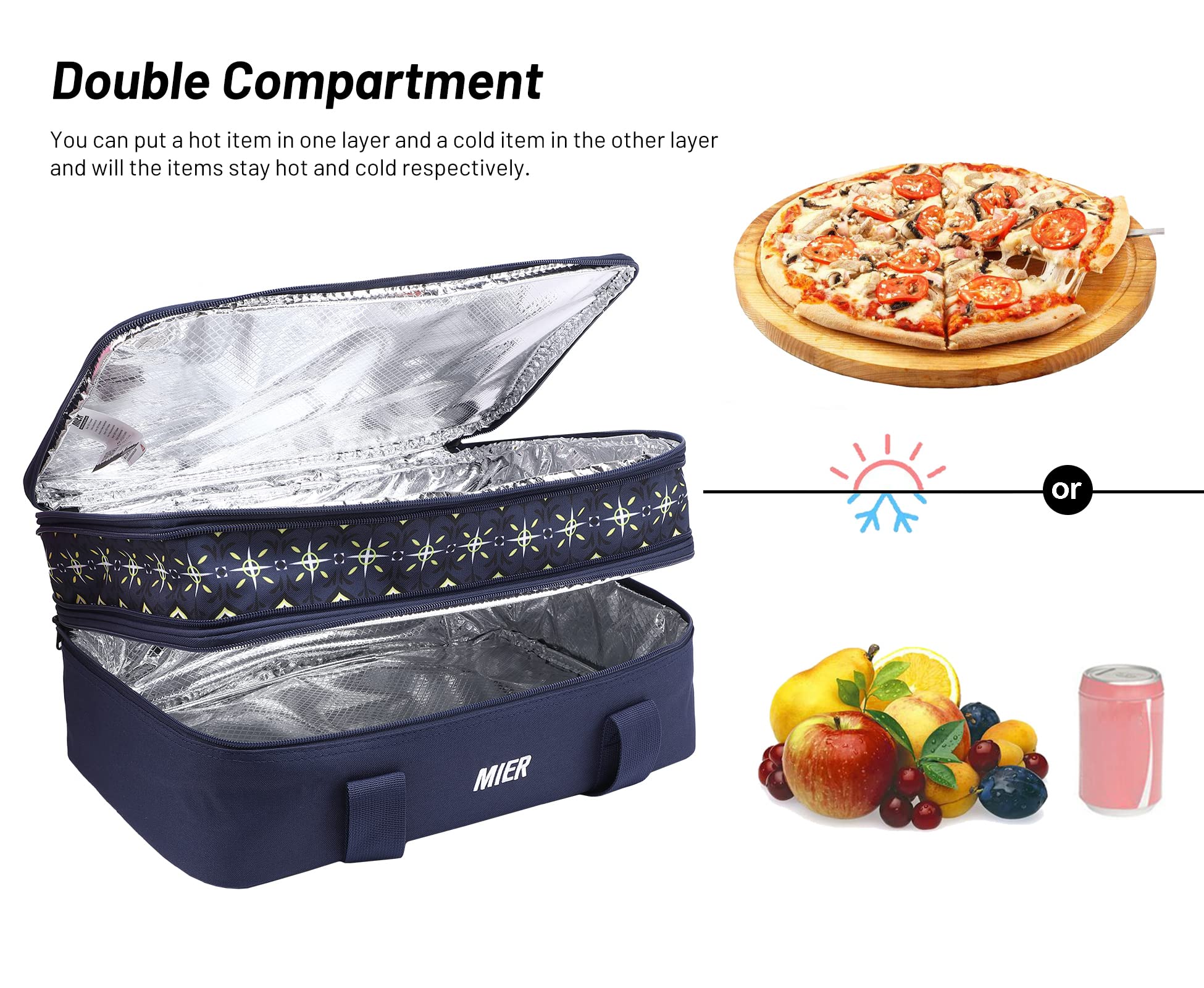 MIER Borsa termica termica termica per il pranzo con doppia casseruola, per feste di Potluck e picnic, spiaggia, adatta a teglie da forno da 20 x 30 cm, casseruola, espandibile, blu scuro