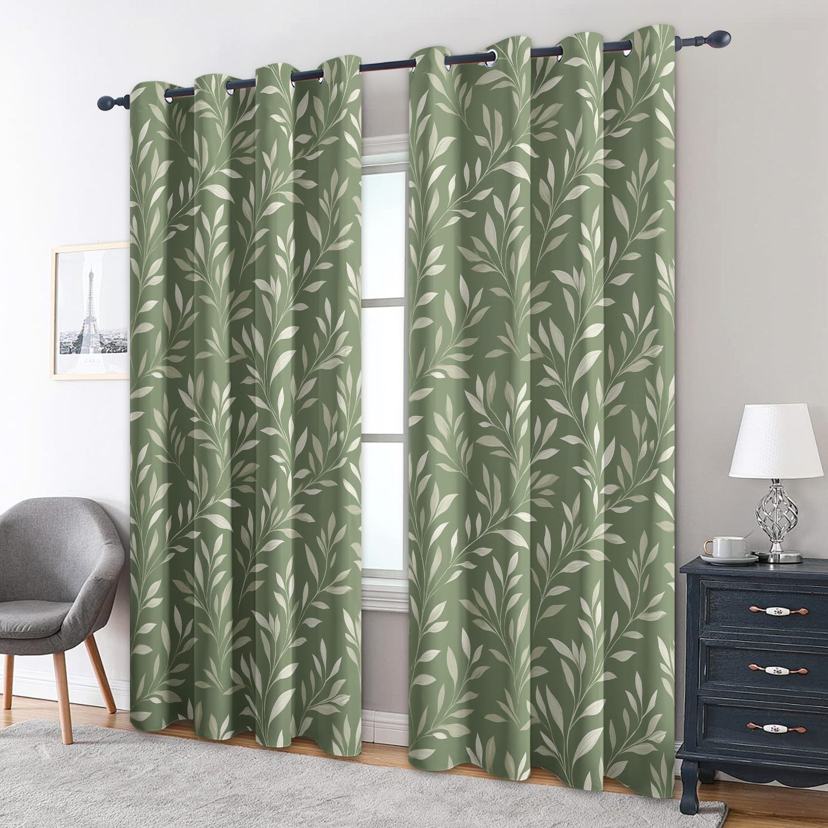 Sage Green Leaves Curtains 90 X 90 Decor 2 Panels