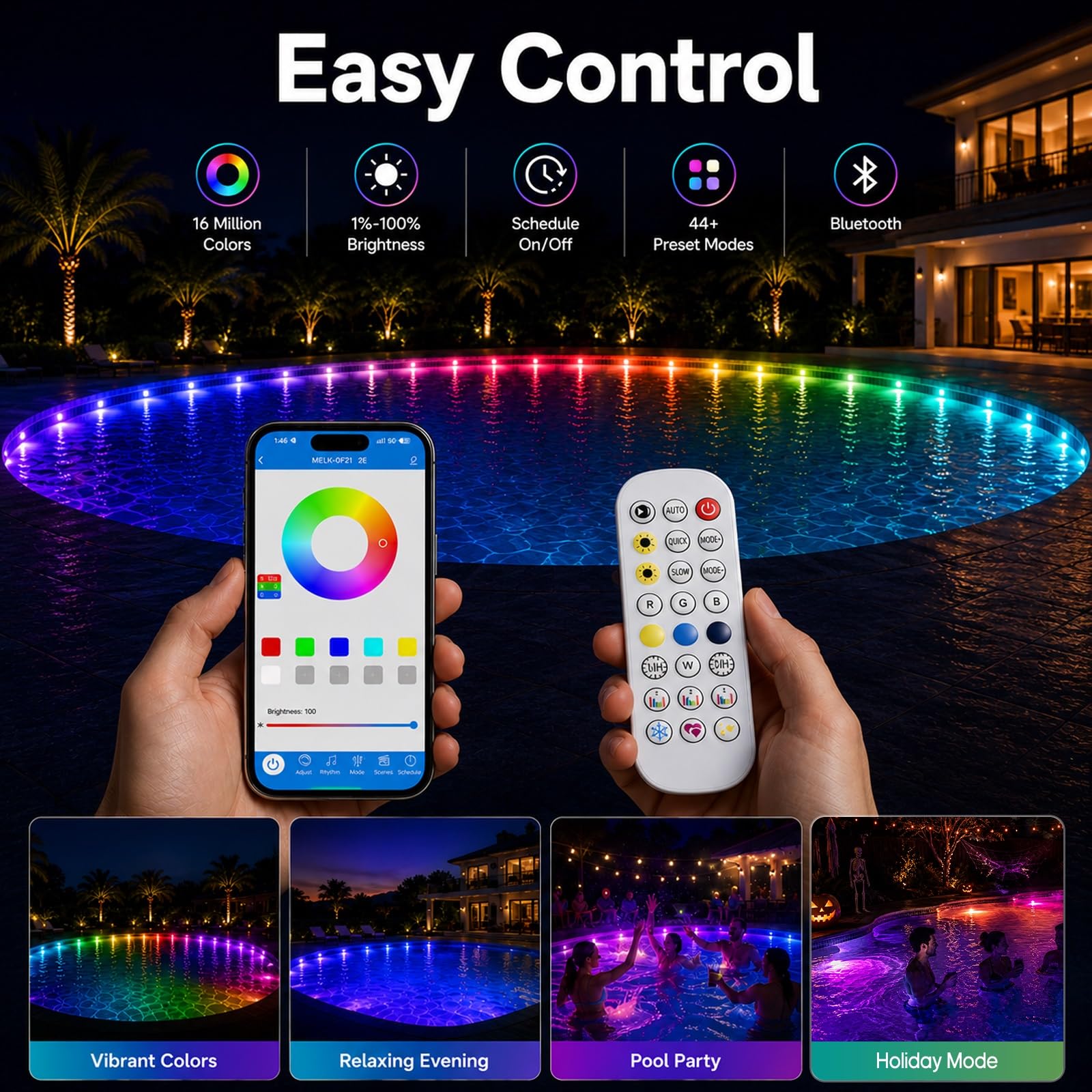Illuminazione per laghetto RGB, 35 m, 24 in 1, luci subacquee con app e telecomando, 16 milioni di colori, scene fai da te e 44 modalità di illuminazione, IP68, illuminazione per piscina