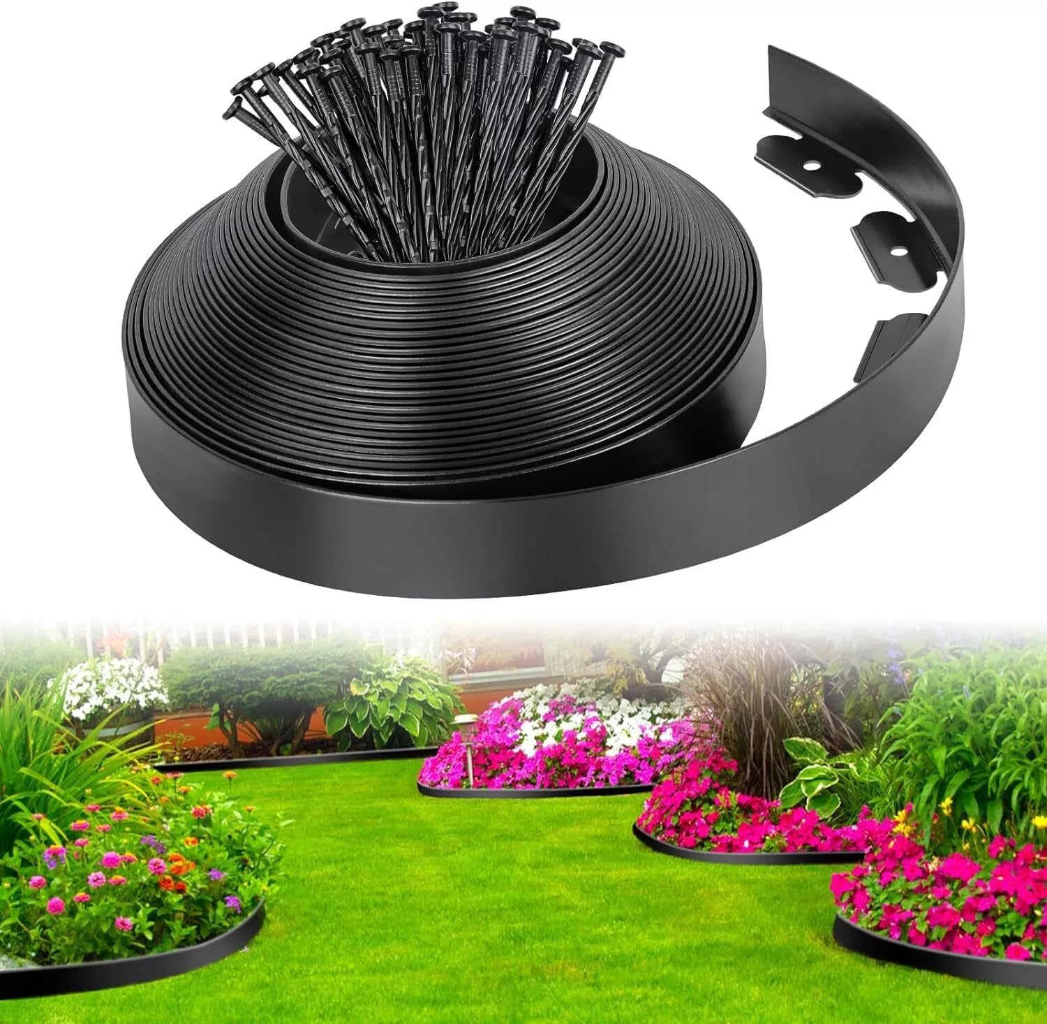 Lawn Edging, Garden Edging Border 33ft with 30 Spikes, Black 4.5CM High Flexible Flower Bed Edge & Reinforced Plastic Pegs, Professional Landscape Dividers, All-Weather Resistant Lawn Edging Strip