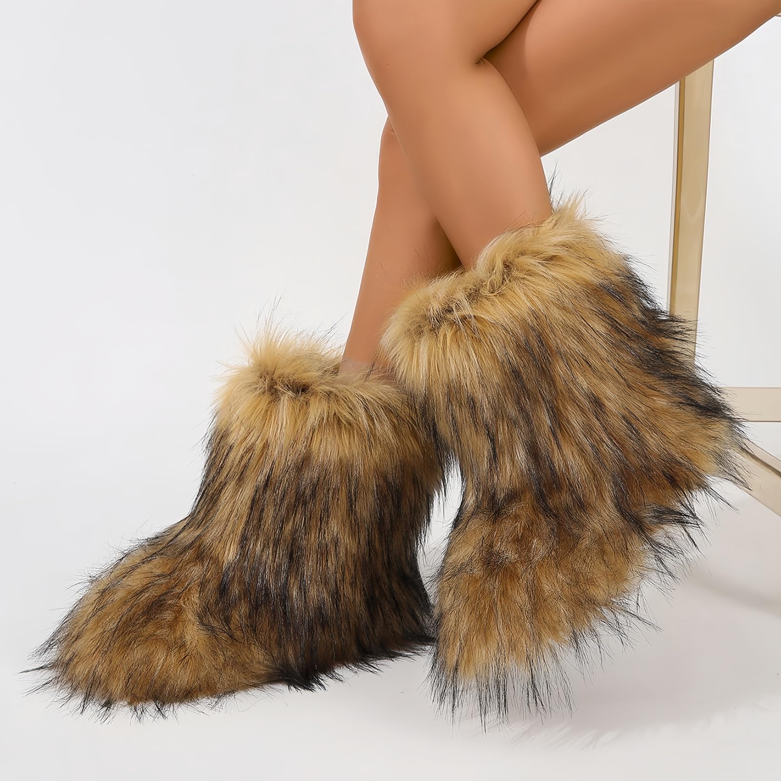 Fuzzy futrzane śniegowce damskie zimowe puszyste buty zamszowe ciepłe do połowy łydki wygodne na zewnątrz płaskie modne buty