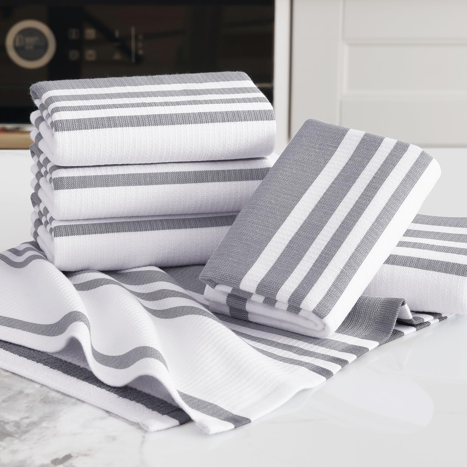 Homaxy Premium Kitchen Towels 18”x 28”, Large Cotton 380 GSM Kitchen Hand Towels, Stripe and Terry Dish Towel, Highly Absorbent Tea Towel Set with Hanging Loop, 6 Pack, Grey