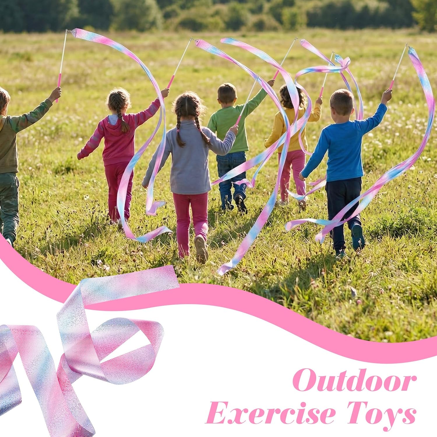 24PCS Ribbon Dancing Wands, 2m Sparkling Dance Ribbons with Pink Handle & 30cm Stick, Gymnastics Ribbon for Ballet Party Gifts and Outdoor Activities