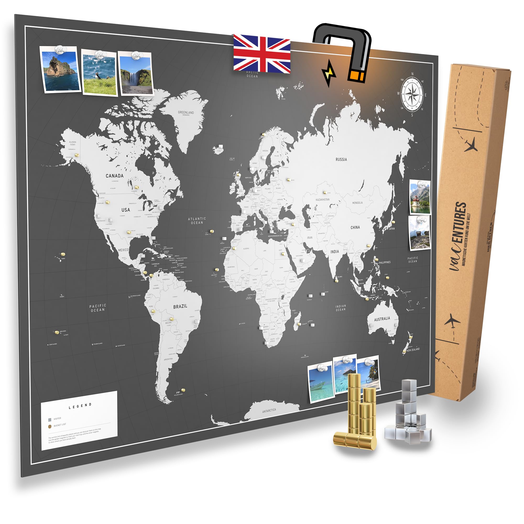 Pizarra magnética mapamundi «DARK» incl. 2 x 15 pins magnéticos I Marque sus destinos de viaje I Coleccione fotos e imanes I Póster magnético - mapamundi - XXL (119x84CM)