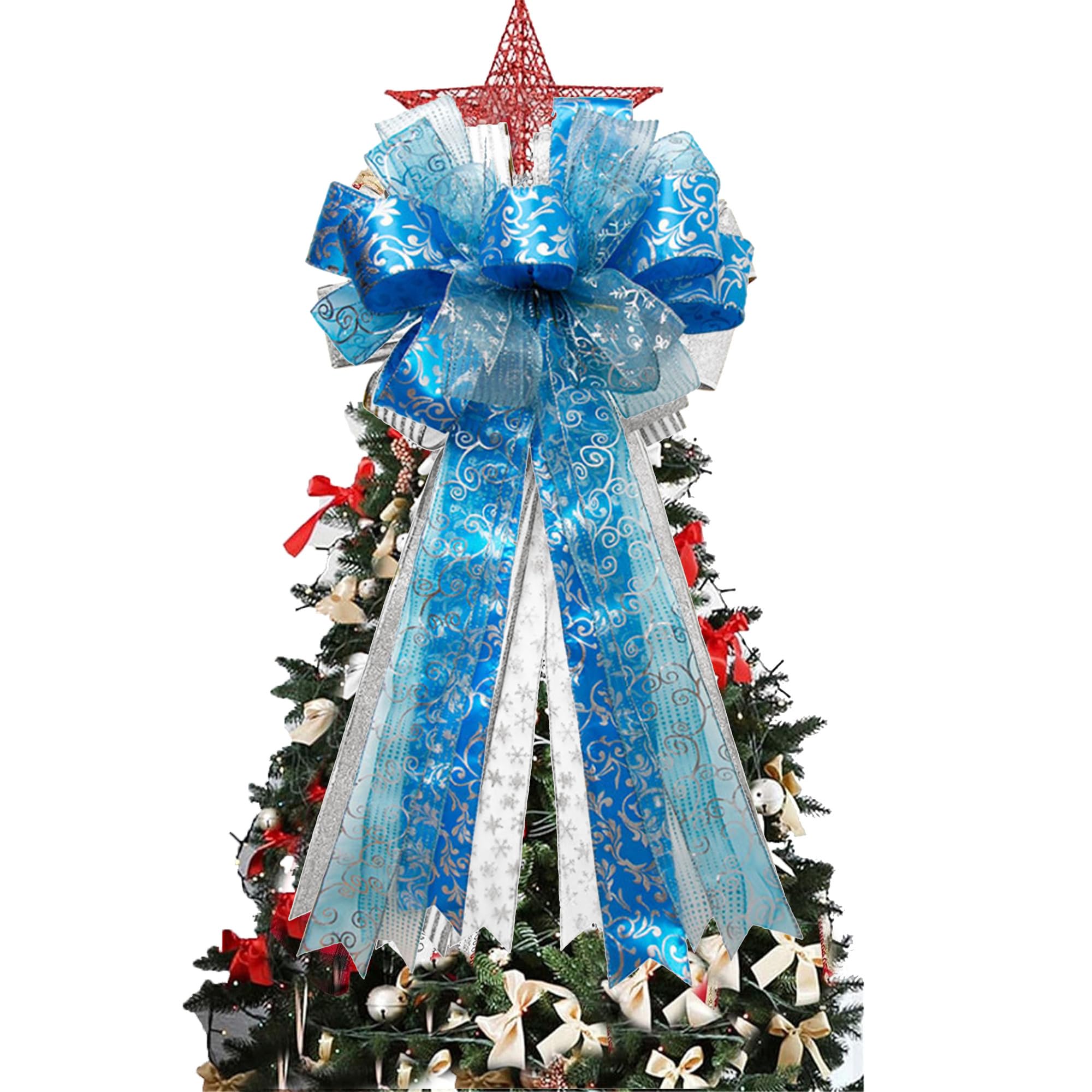 Christmas Tree Topper,30x13 Inches Large Toppers Bow with Streamer Wired Edge for Christmas Decoration (Blue, 30x13inch) - Image 2