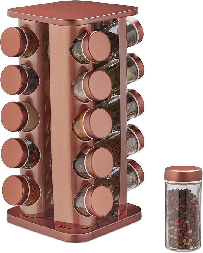 Relaxdays Gewürzkarussell, 20 Gewürzgläser, 360° drehbar, Edelstahl & Glas, HxBxT: 34 x 20 x 20 cm, Gewürzregal, kupfer