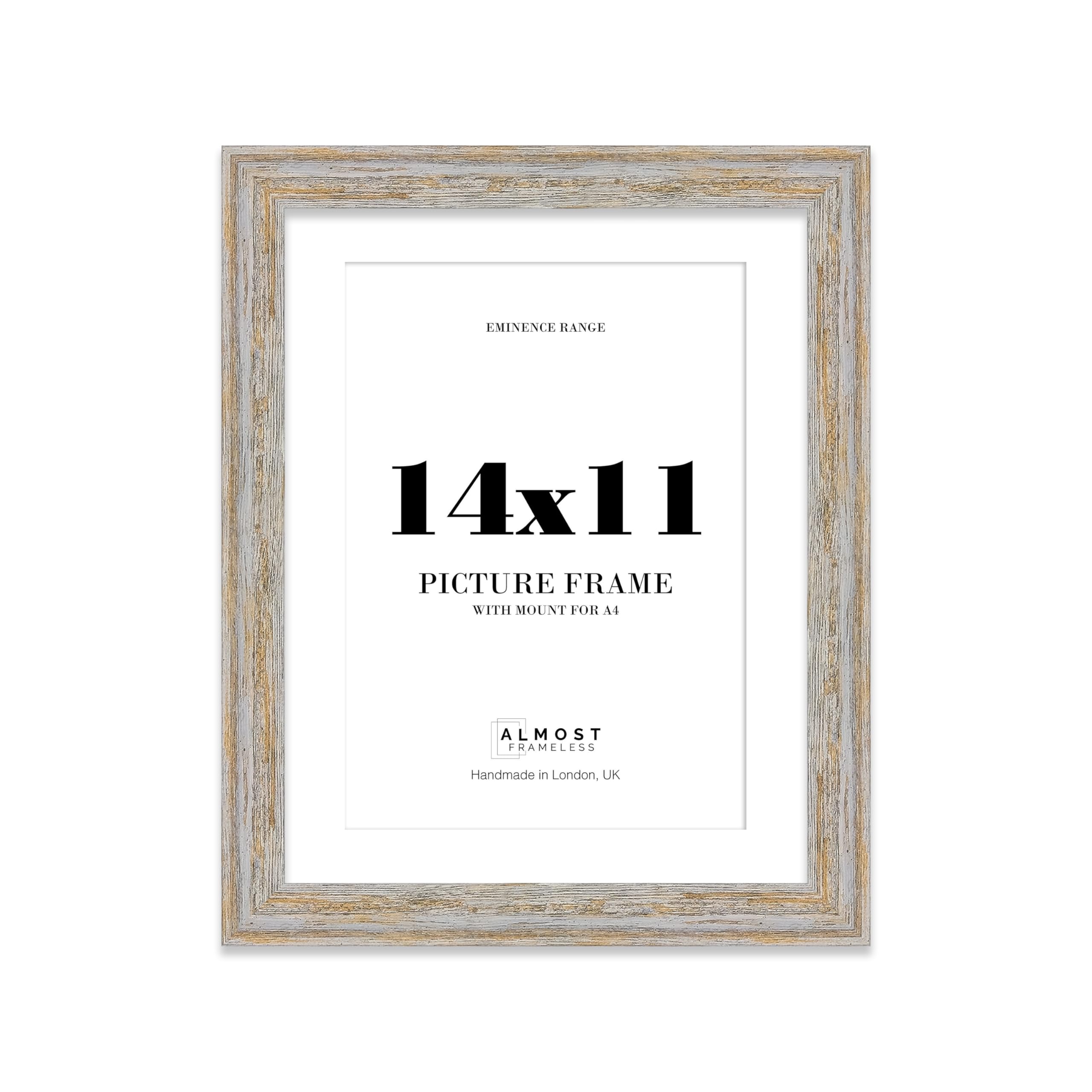 14x11" Walnut Woodgrain Picture Frame with A4 Mount - Shabby Chic Photo Frame with Distressed Finish, Wall Hooks and Kickstand, 32mm Edge - 1 Pack