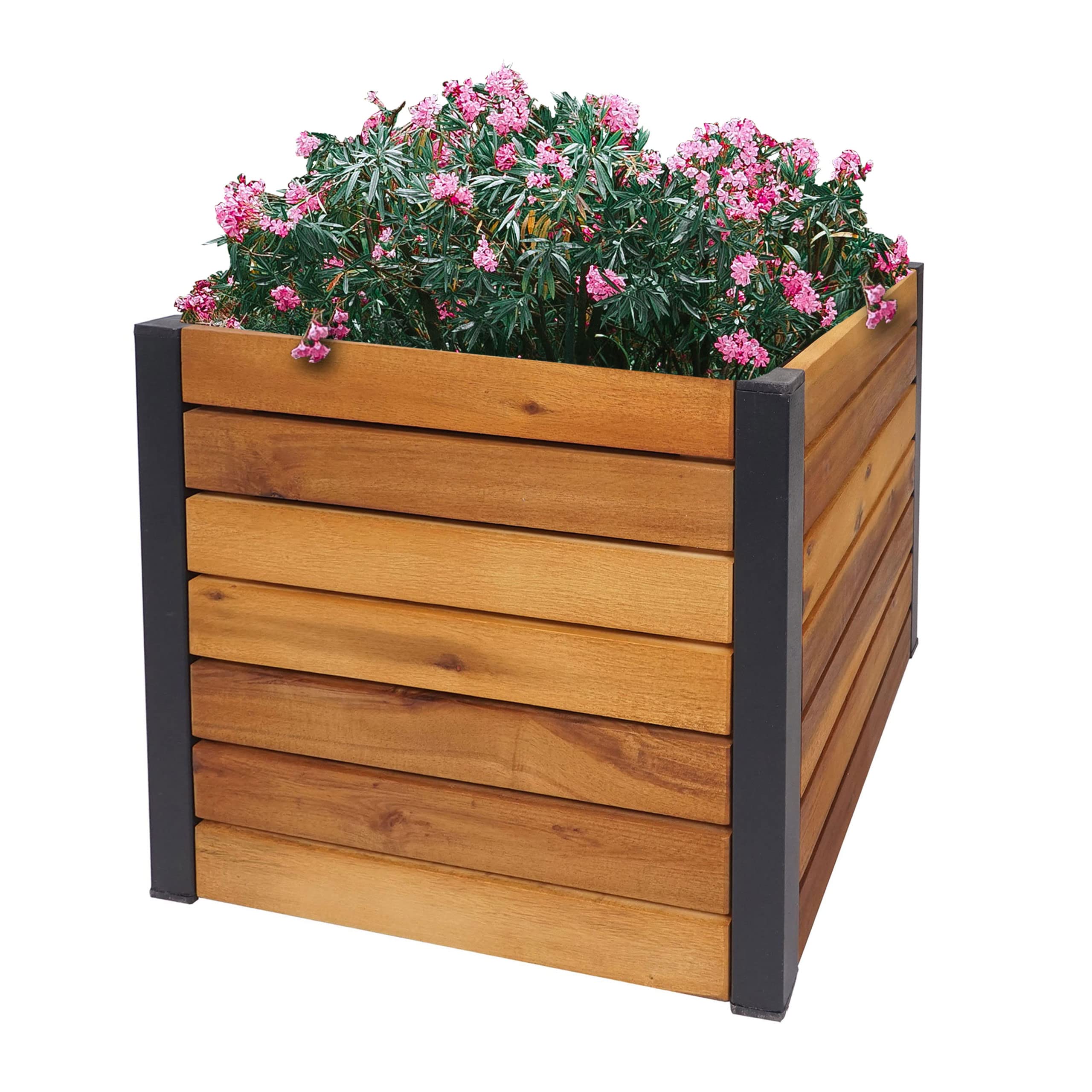 Jardinera HWC-L23, Maceta Grande para Exteriores, Madera de Acacia, Aluminio con Certificado MVG, 32 x 34 x 34 cm, Marrón | Jardinera elevada, exterior, madera, certificación FSC®, aluminio