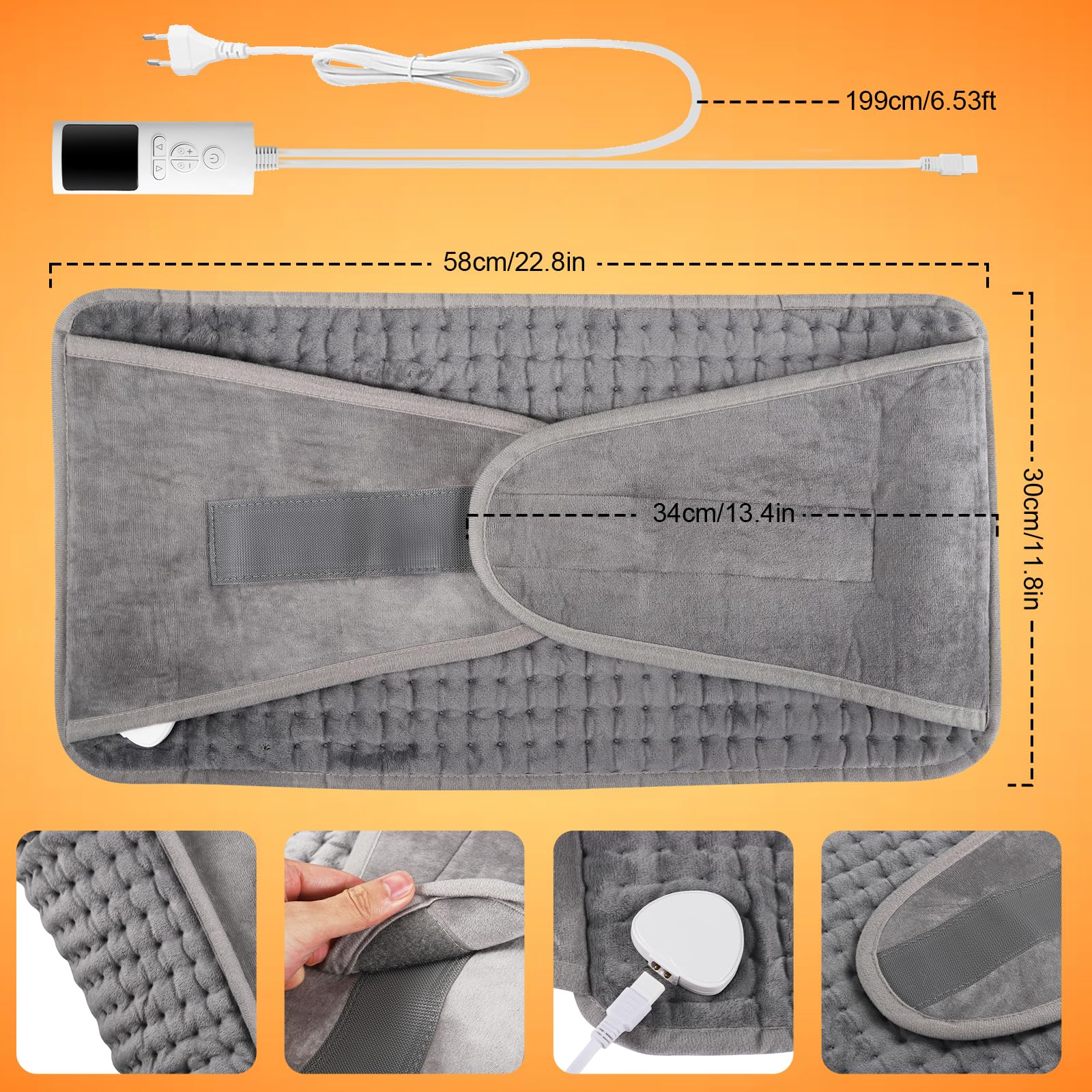 Ceinture Chauffante Lombaire 125x30cm Coussin Chauffant Electrique, Lombaire 9 Niveaux de Température et Arrêt Automatique Lavable Ceinture Chauffante avec Velcro Pour Dos Cervicales Abdomen Gris