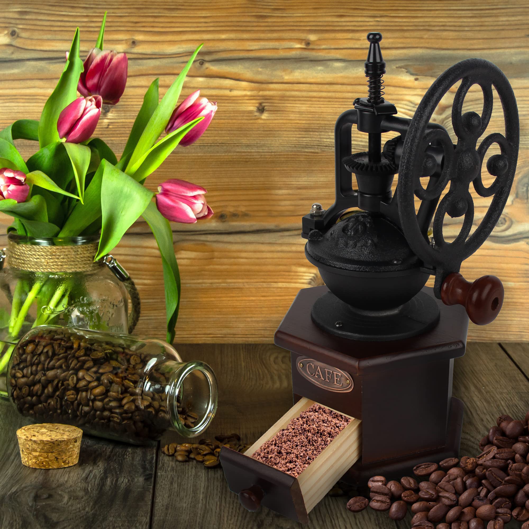 Kaffeemühle, Holz, manuell, braun, sechs Verformungsböden | Gusseisen Handkurbel Antik Kaffeemühle Roller Design für Mesh Kaffee Dekoration & Geschenk