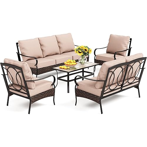 PHI VILLA Wicker & Metal Patio Furniture Set with Coffee Table, 5 Pieces Outdoor Rattan Conversation Sofa Set, 2 x Single Chair, 1 x Loveseat, 1 x Coffee Table, 3-Seat Couch for Garden Deck Backyard