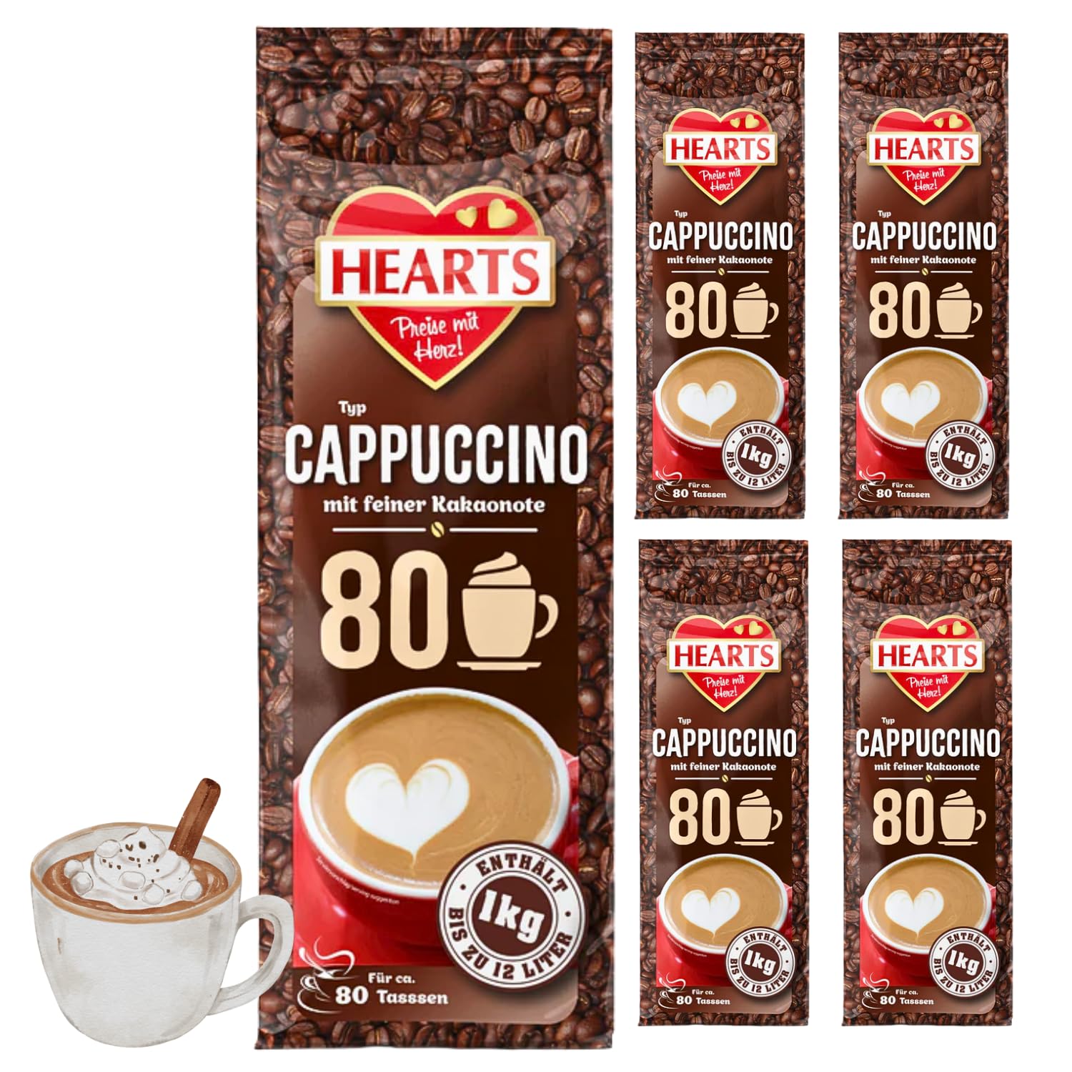 HEARTS Cappuccino con delicata sfumatura di cacao, 5 confezioni di caffè instant in polvere, aroma intenso di latte, crema, facilmente solubile, 5 confezioni di ricambio, sufficienti per 400 tazze
