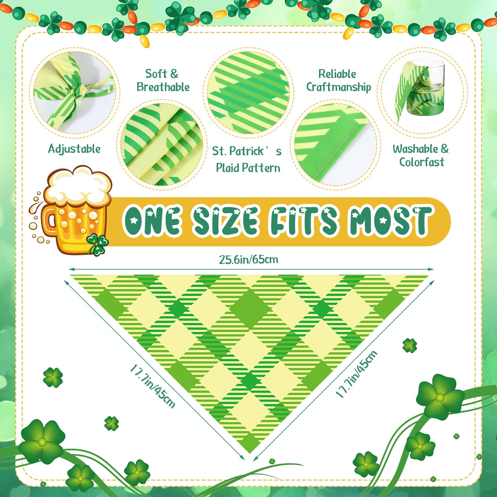 Sweetude St. Patrick's Day Halstücher für Hunde, kariert, verstellbar, waschbar, Halstuch, Urlaub, Haustierkostüm, Zubehör, Pflegezubehör für kleine bis große Katzen, 60 Stück