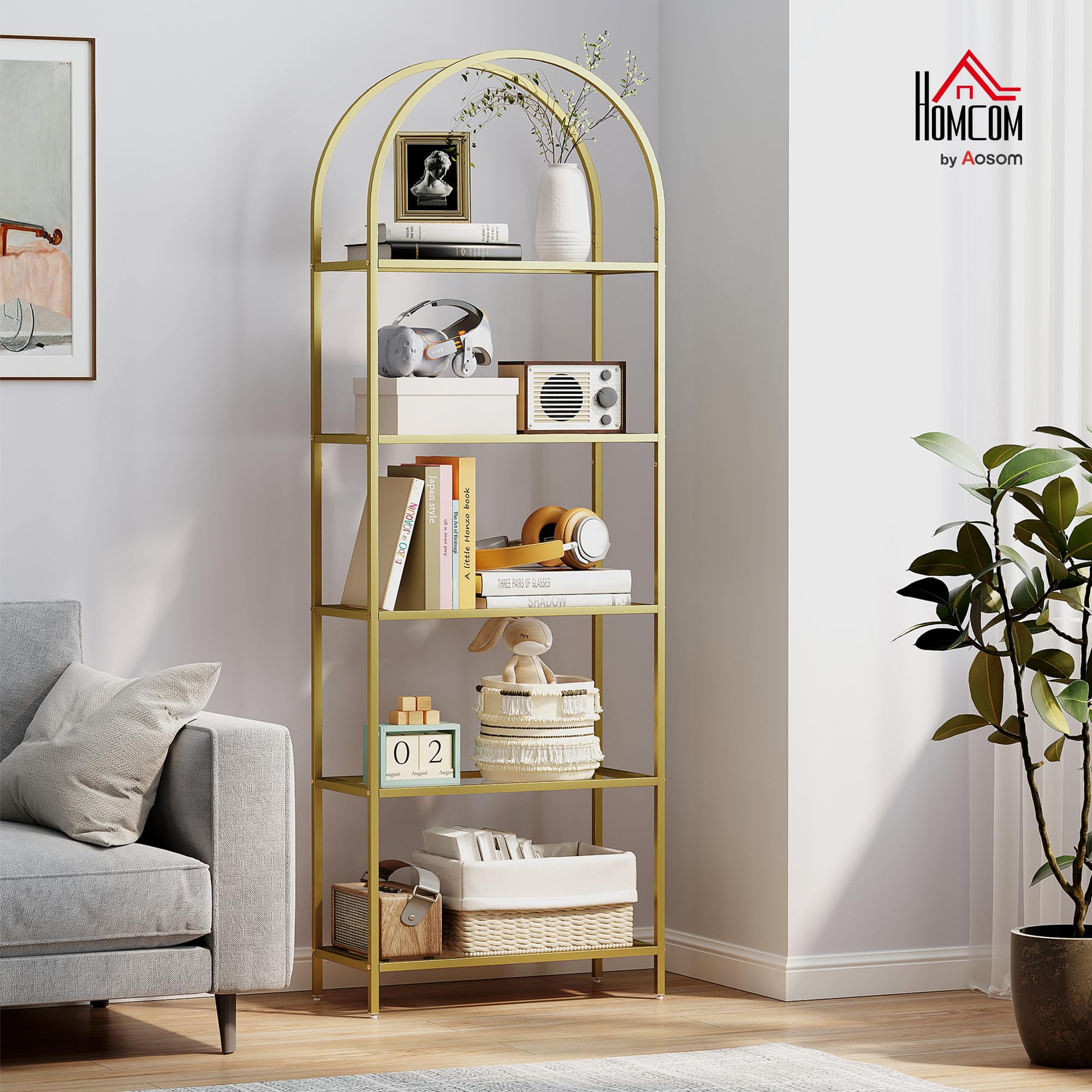 HOMCOM Libreria Scaffale ad Arco a 5 Ripiani, Scaffale Portaoggetti Moderno in Vetro Temperato con Struttura in Acciaio, per Bagno, Soggiorno, Camera da Letto, Studio e Ufficio, 60x30x175 cm, Oro