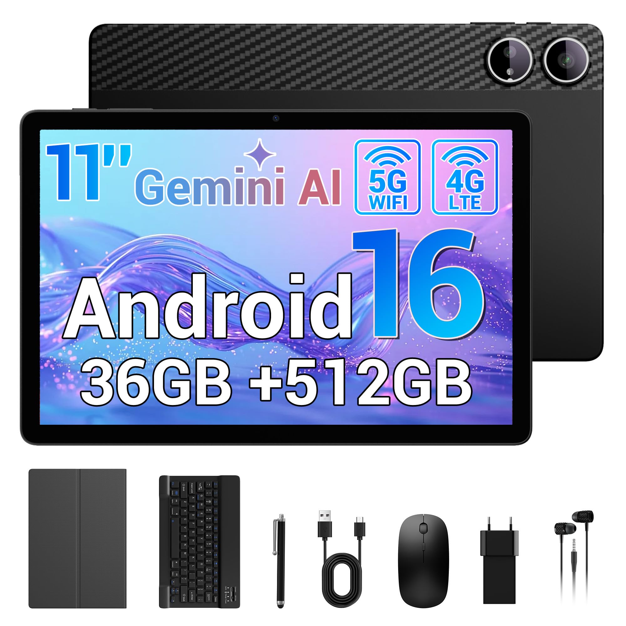 LORDWIT Android 16 Tablet 11 Zoll, 36GB RAM 512GB ROM/1TB TF, Dual SIM 4G LTE Tablet mit Tastatur, 90Hz HD IPS Display, Octa Core, Widevine L1,WLAN, GPS, Tablets mit Hülle/Kopfhörer/Touch-Stift/Maus - 2