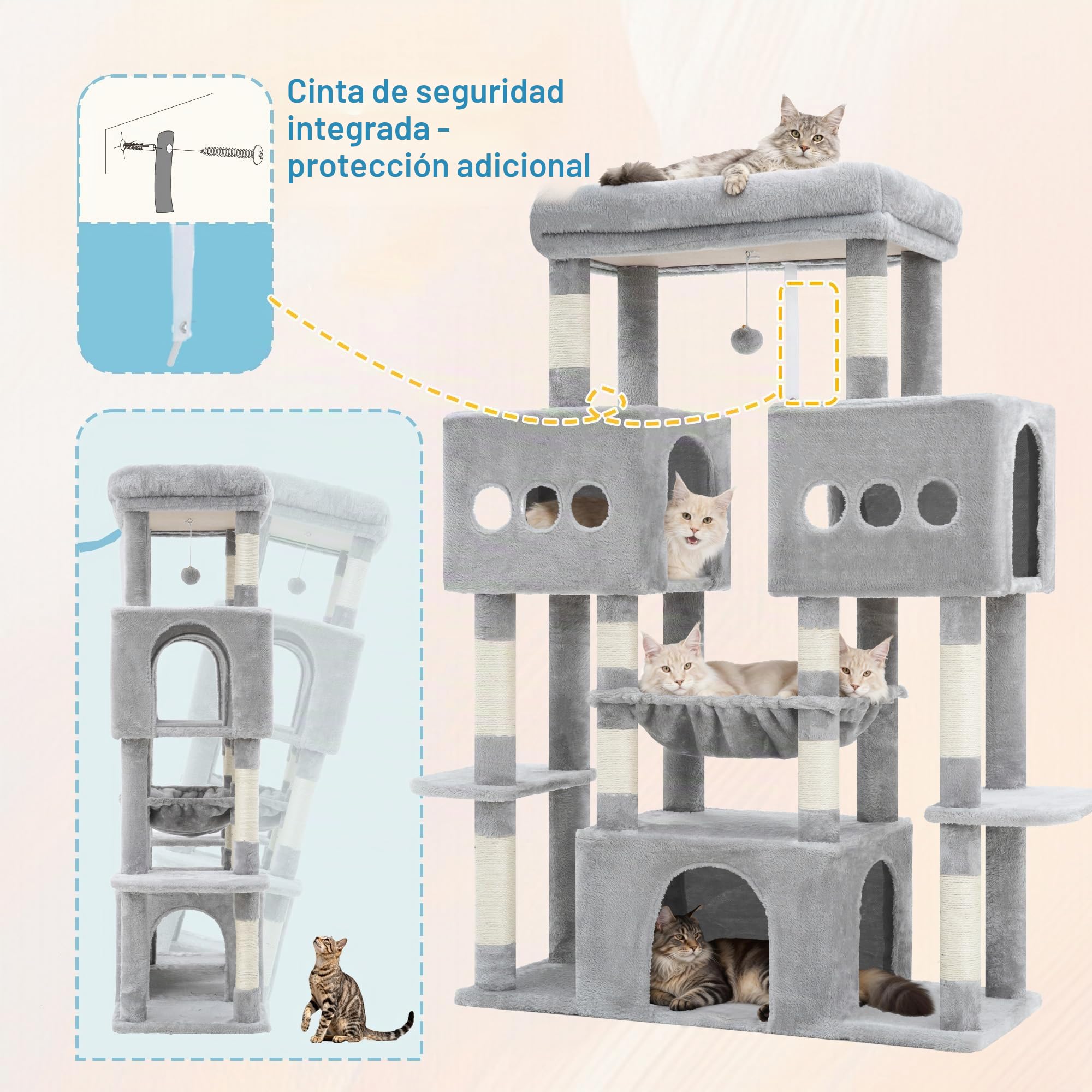 Hey‑brother Rascador para Gatos,con 3 Cuevas Grandes, Hamaca, MPJ083W | 144cm Árbol para Gatos con Plataformas Amplias, Pelota de peluche, para Gatos Grandes de Interior, Gris Claro