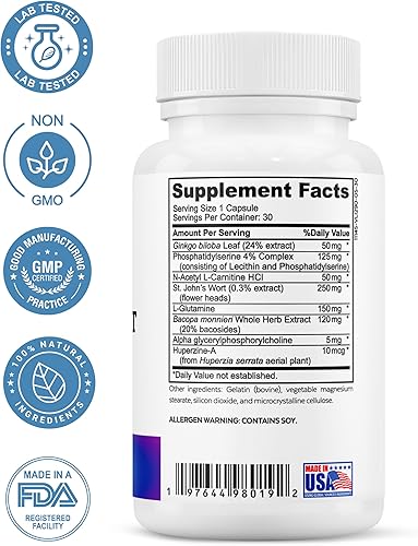 Miniatura 5 de Complejo de apoyo cerebral - Suplemento de apoyo cognitivo avanzado con ginkgo biloba, bacopa monnieri, fosfatidilserina, huperzina-A, hierba de San